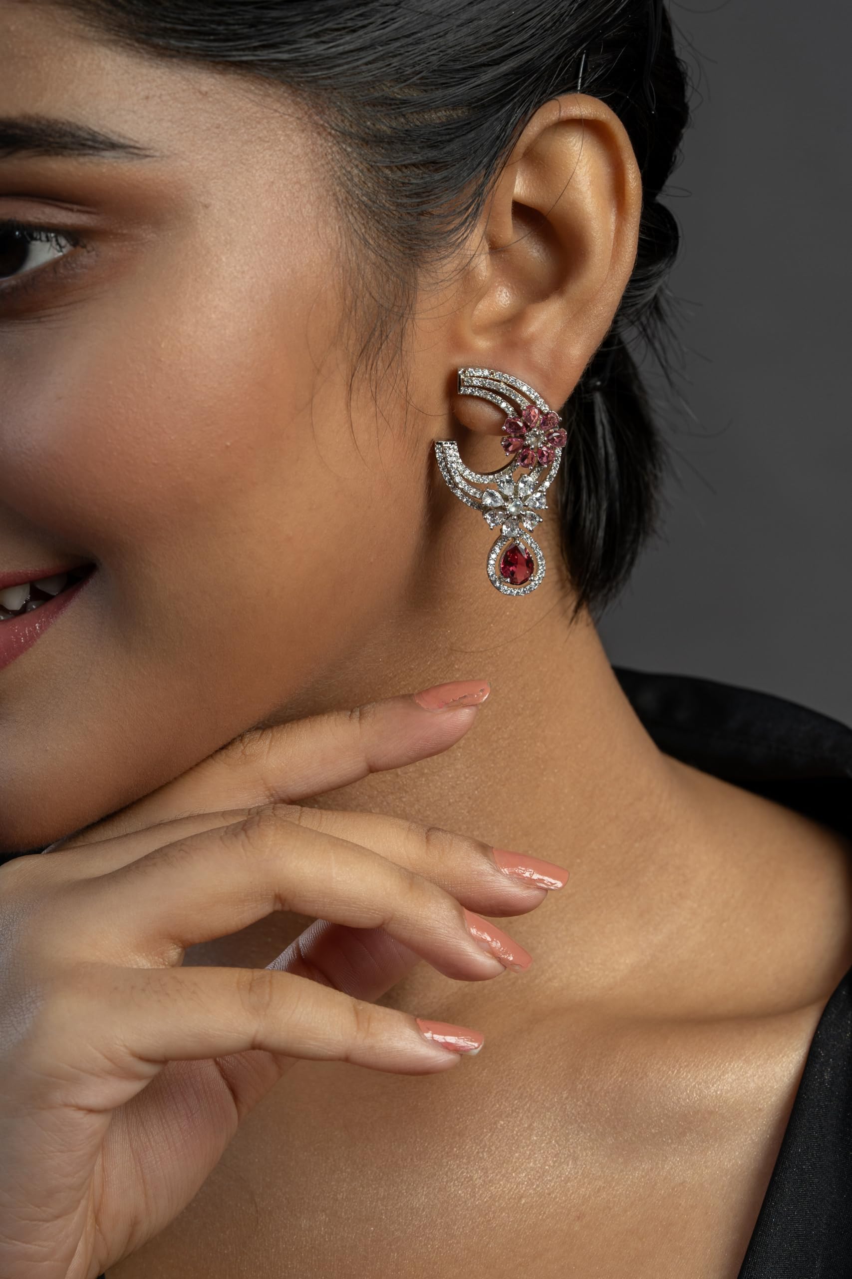 Silver Plated Pink Stone Ear Cuff Earrings for Women | Statement Fashion Jewellery Earrings for Girls | Stylish Drop Earrings Gift for Women