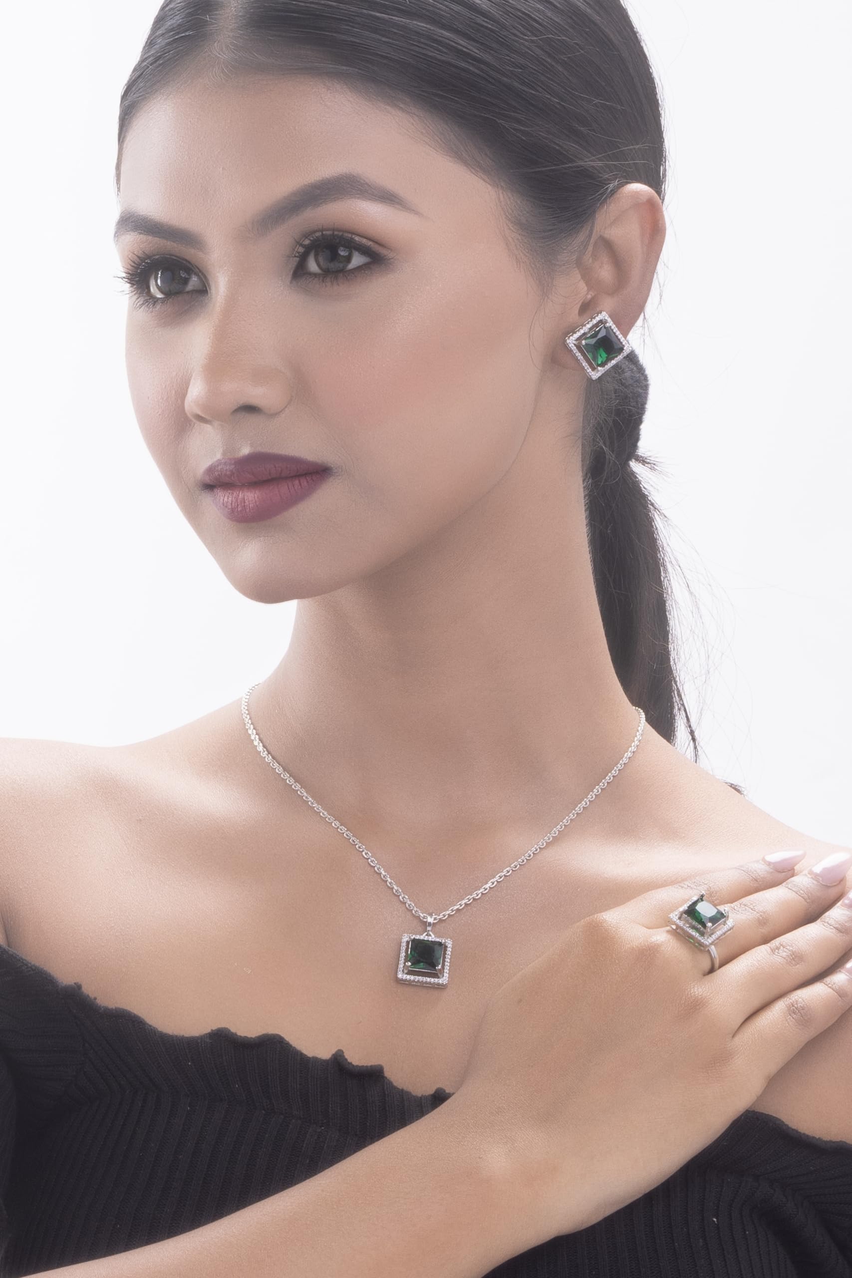 KAYRAH High-polished Brass CZ Stone Pendant Necklace, Stud Earrings and Ring Set for Women and Girls with Matching Earrings with Matching Earrings