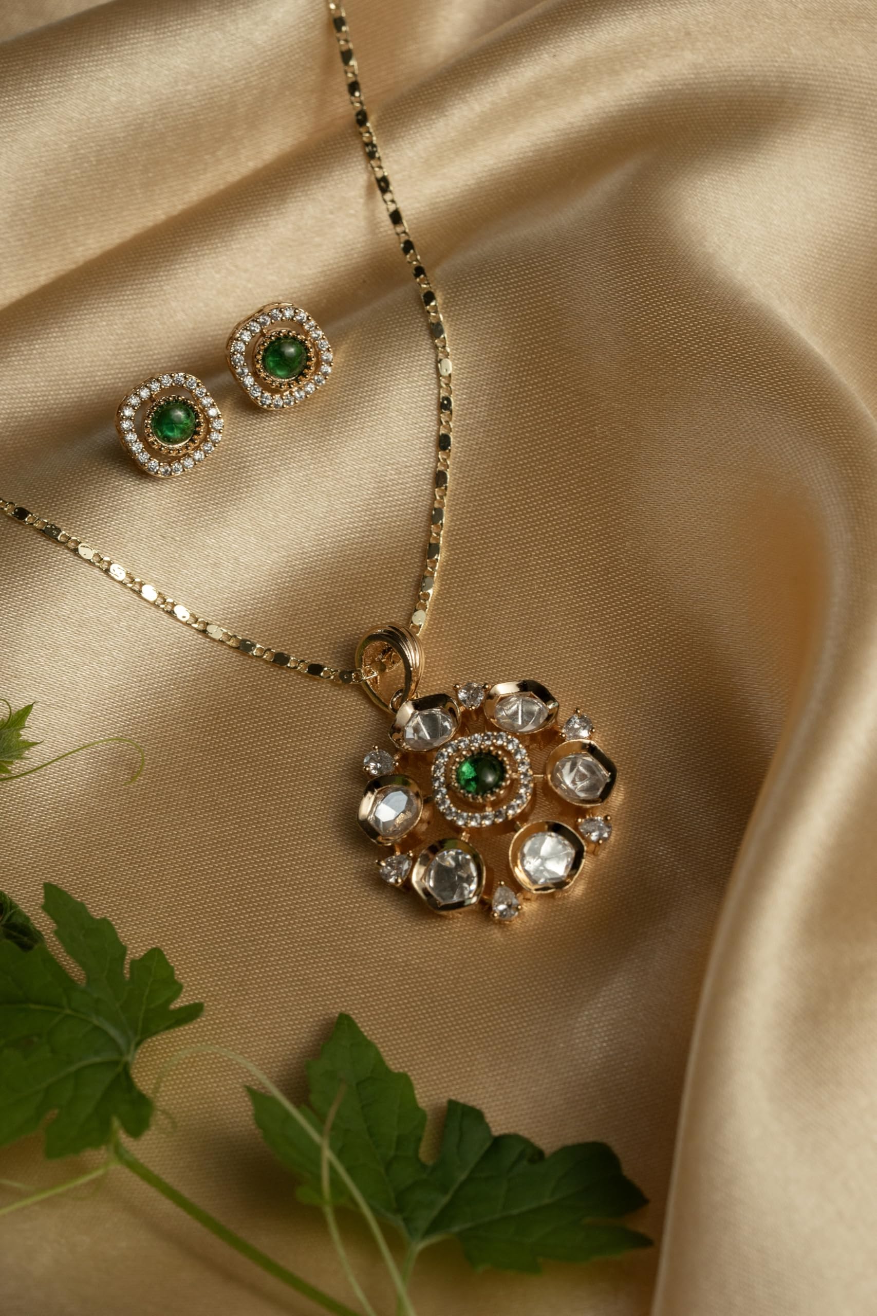 KAYRAH Gold Plated Circular Pendant Necklace Set with Matching Stud Earrings, Green Cubic Zirconia, Brass, Fashion Style with Matching Earrings with Matching Earrings