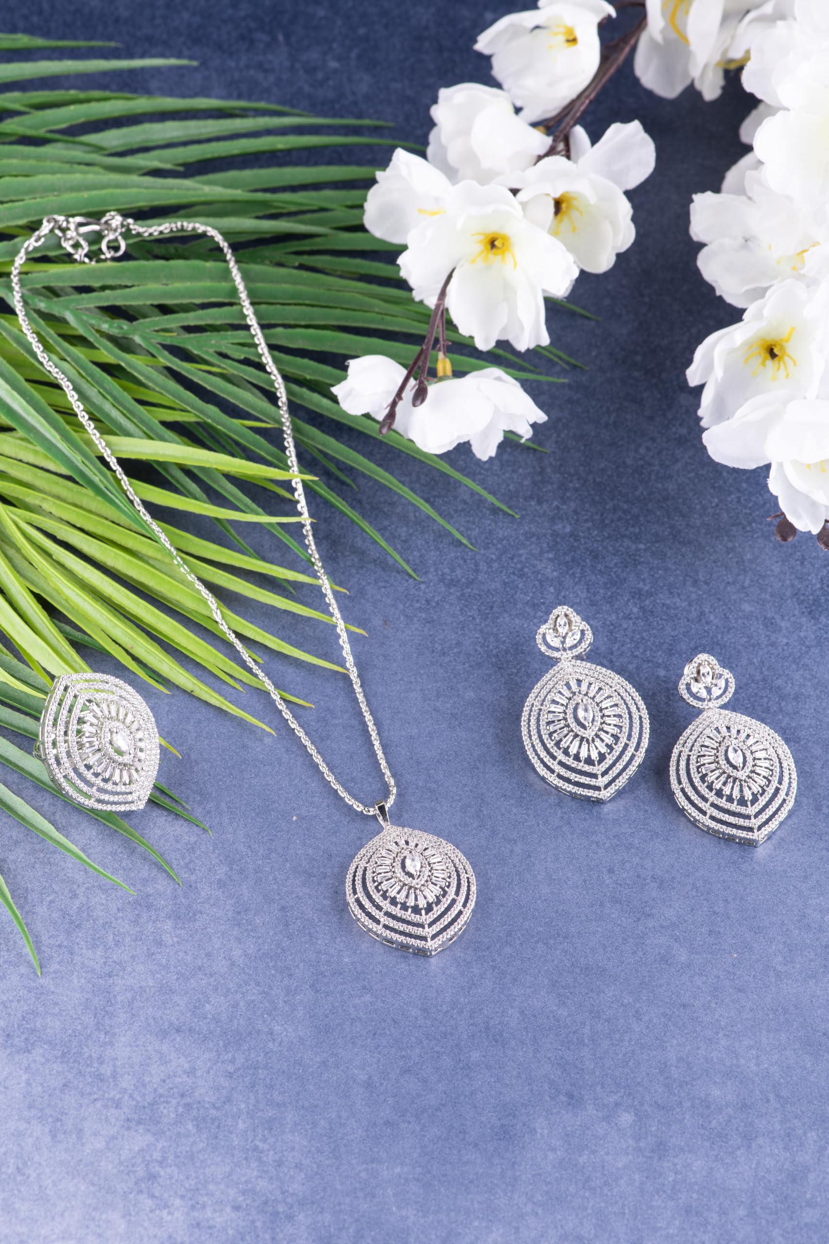 KAYRAH High-polished Brass CZ Stone Pendant Necklace, Stud Earrings and Ring Set for Women and Girls with Matching Earrings with Matching Earrings