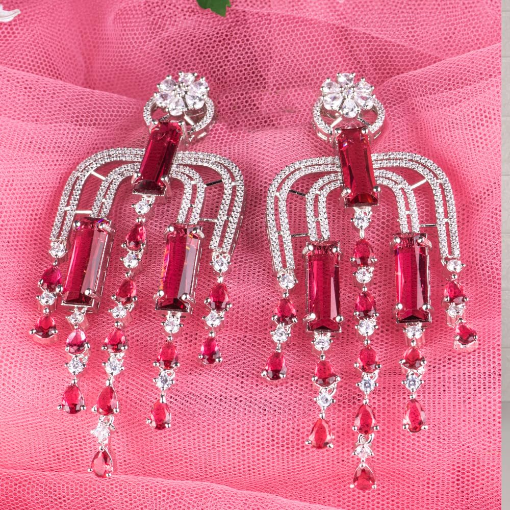 Silver Plated Pink Stone Tassel Earrings for Women | Long Dangle Fashion Jewellery Earrings for Girls | Stylish Statement Earrings Gift for Women