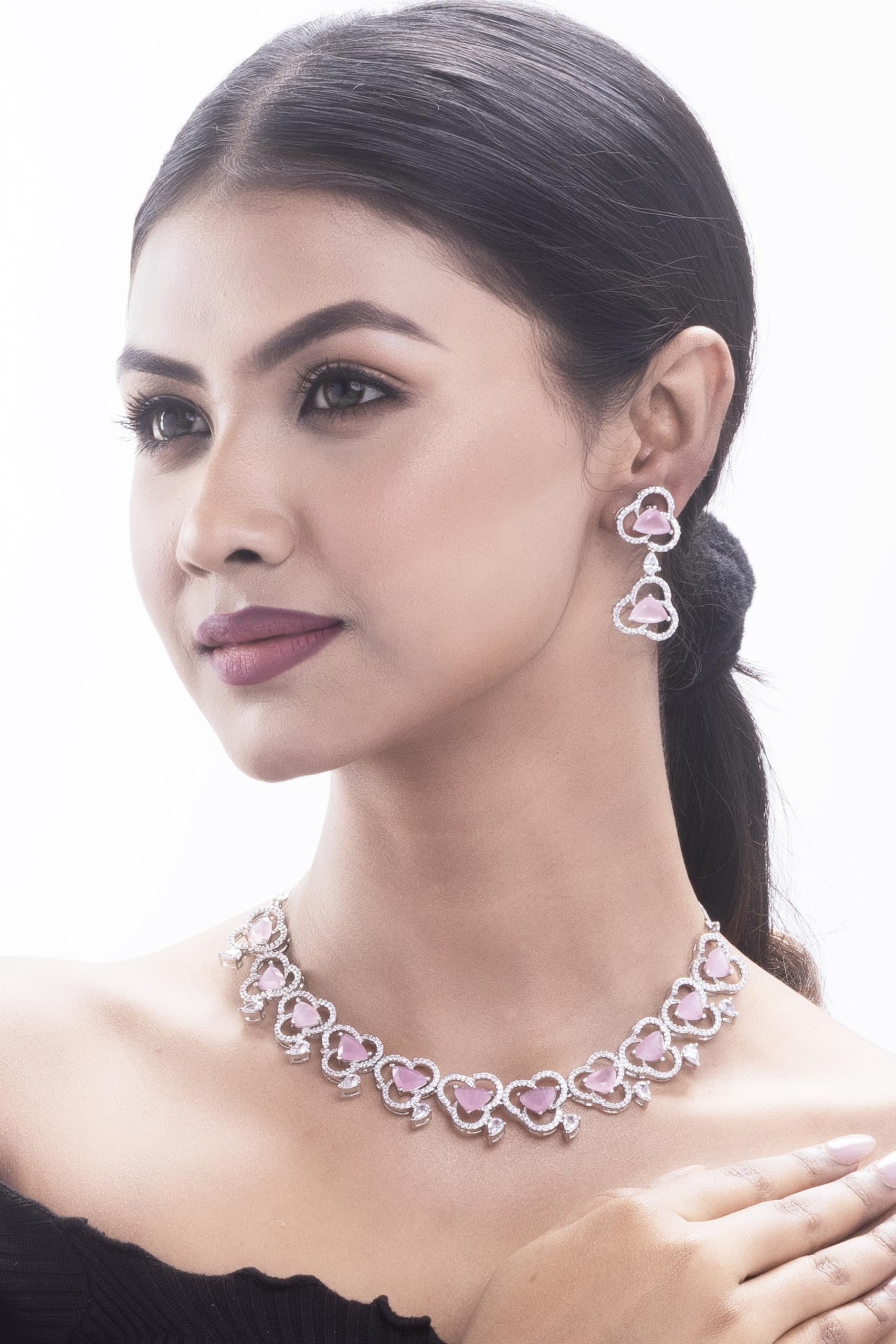 Kayrah Pink Crystal Heart Statement Necklace Set for Women | Designer CZ Party Wear Jewellery Set with Matching Earrings