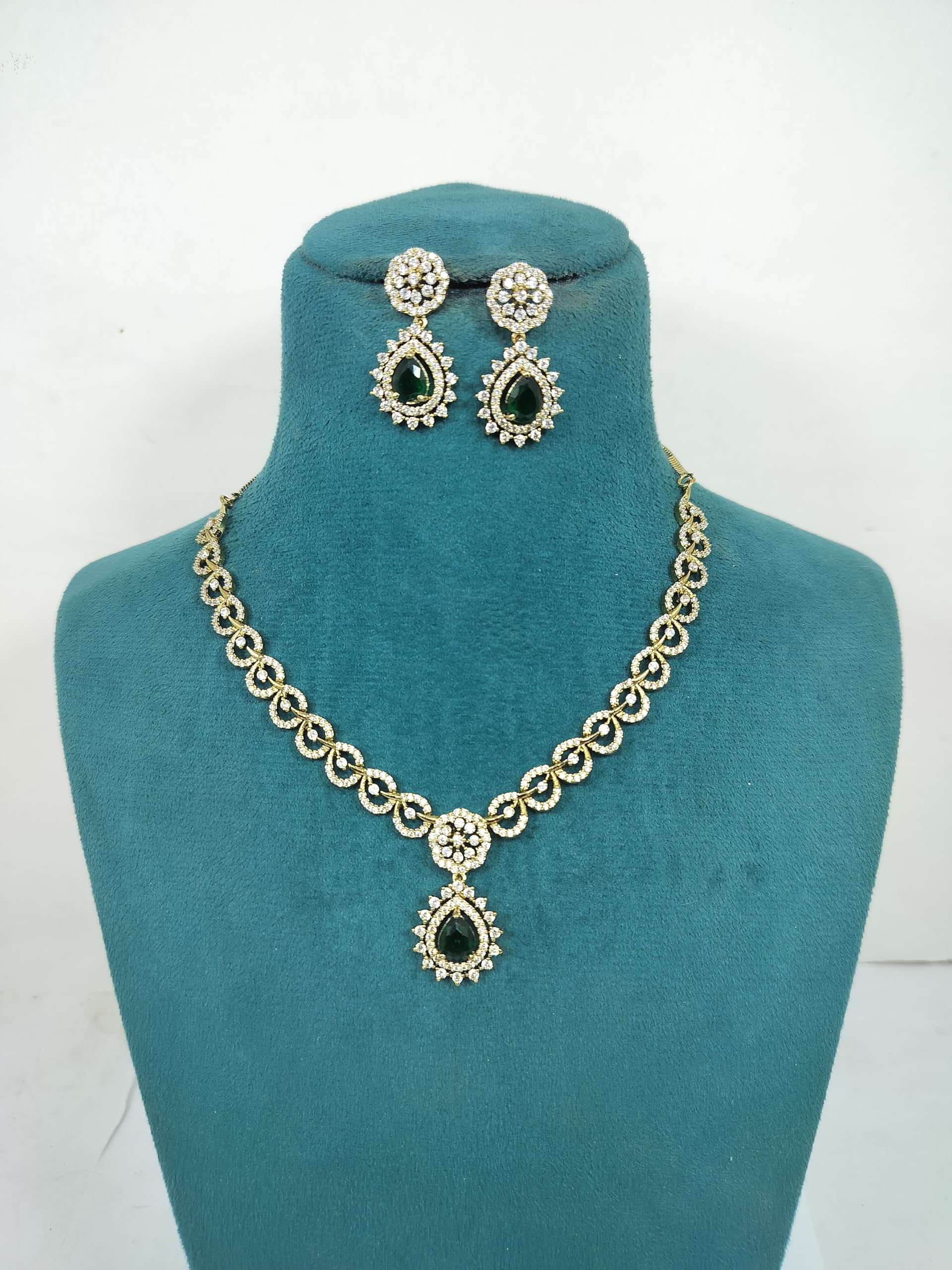 KAYRAH Gold Plated Aqua Green Stone Necklace Set with Long Earrings, Cubic Zirconia, Fashion, Wedding & Festive with Matching Earrings with Matching Earrings