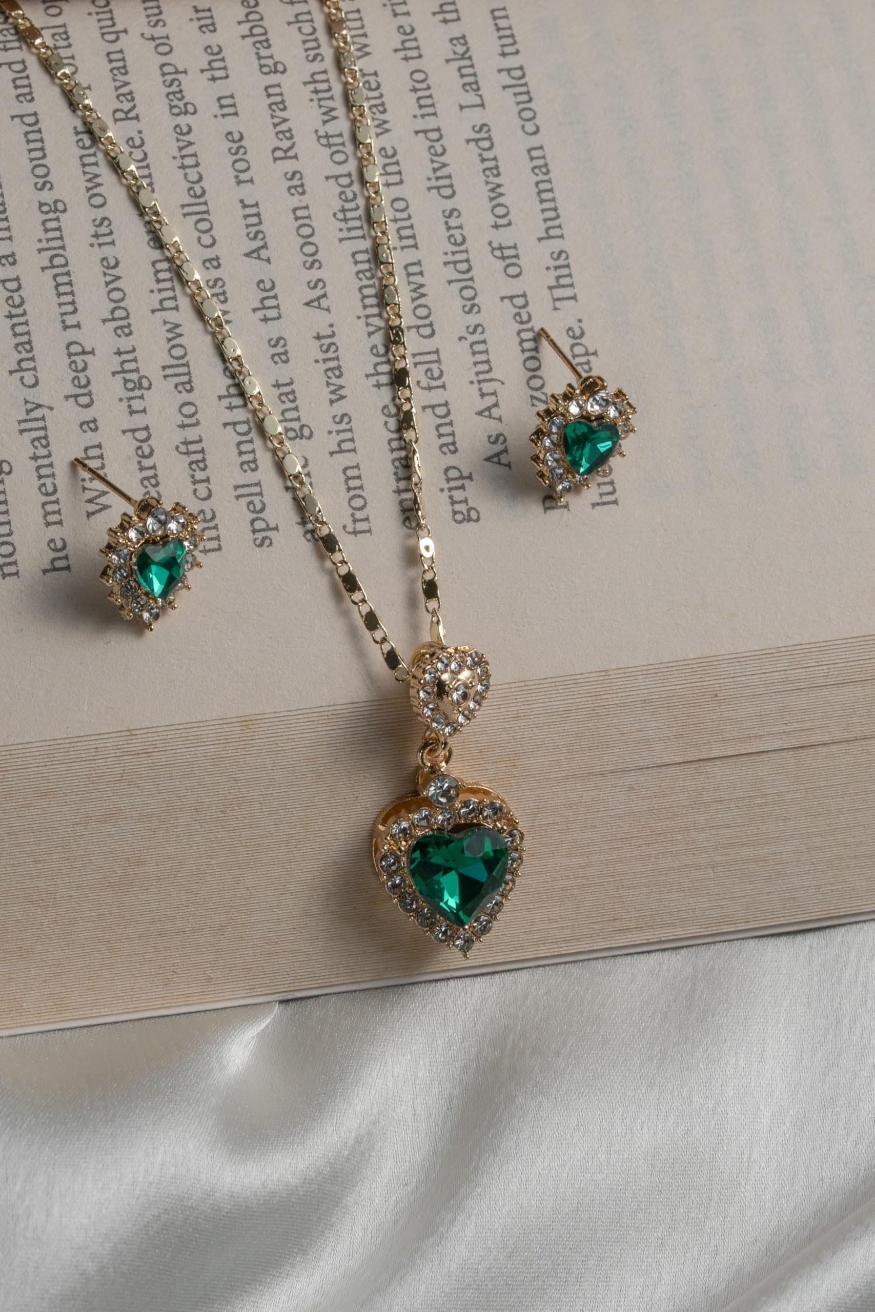 KAYRAH Green Emerald Crystal Layered Necklace Set for Women Stylish with Matching Earrings with Matching Earrings
