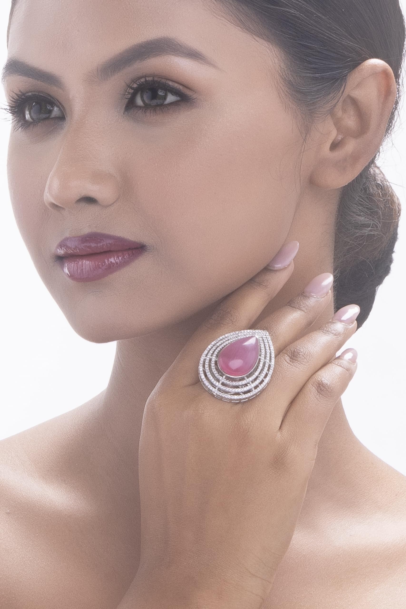 KAYRAH Brass Material CZ Stone Stud Ring for Women and Girls for Every Occassion (Pink Pota)