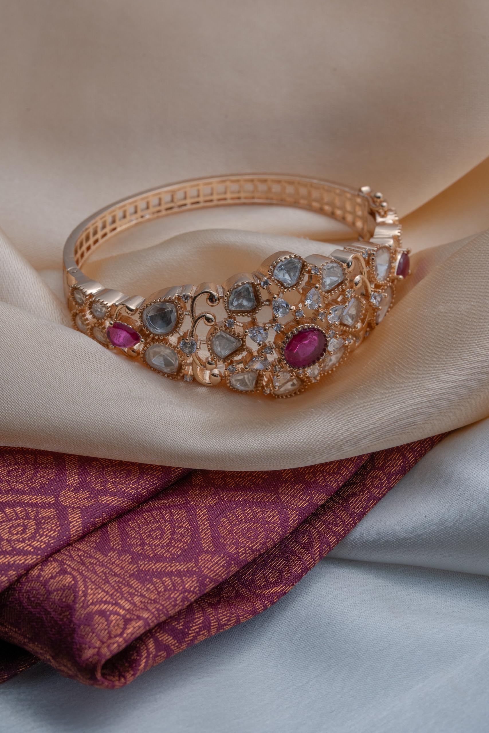KAYRAH Gold Plated Multicolor Stone Studded Cuff Bracelet for Women Elegant Fashion Jewellery