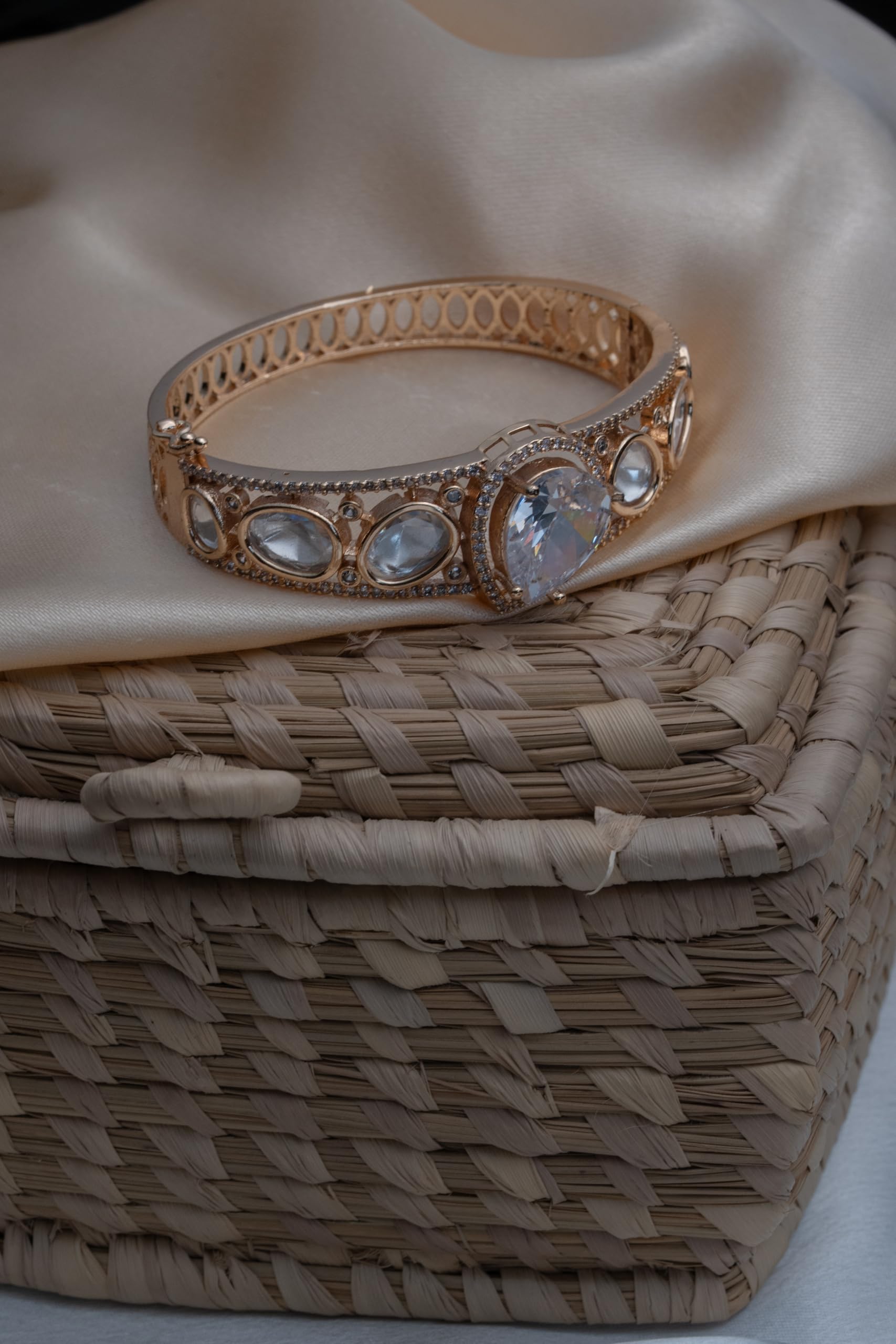 KAYRAH Gold Plated Heart Crystal Stone Cuff Bracelet for Women Elegant Fashion Jewellery