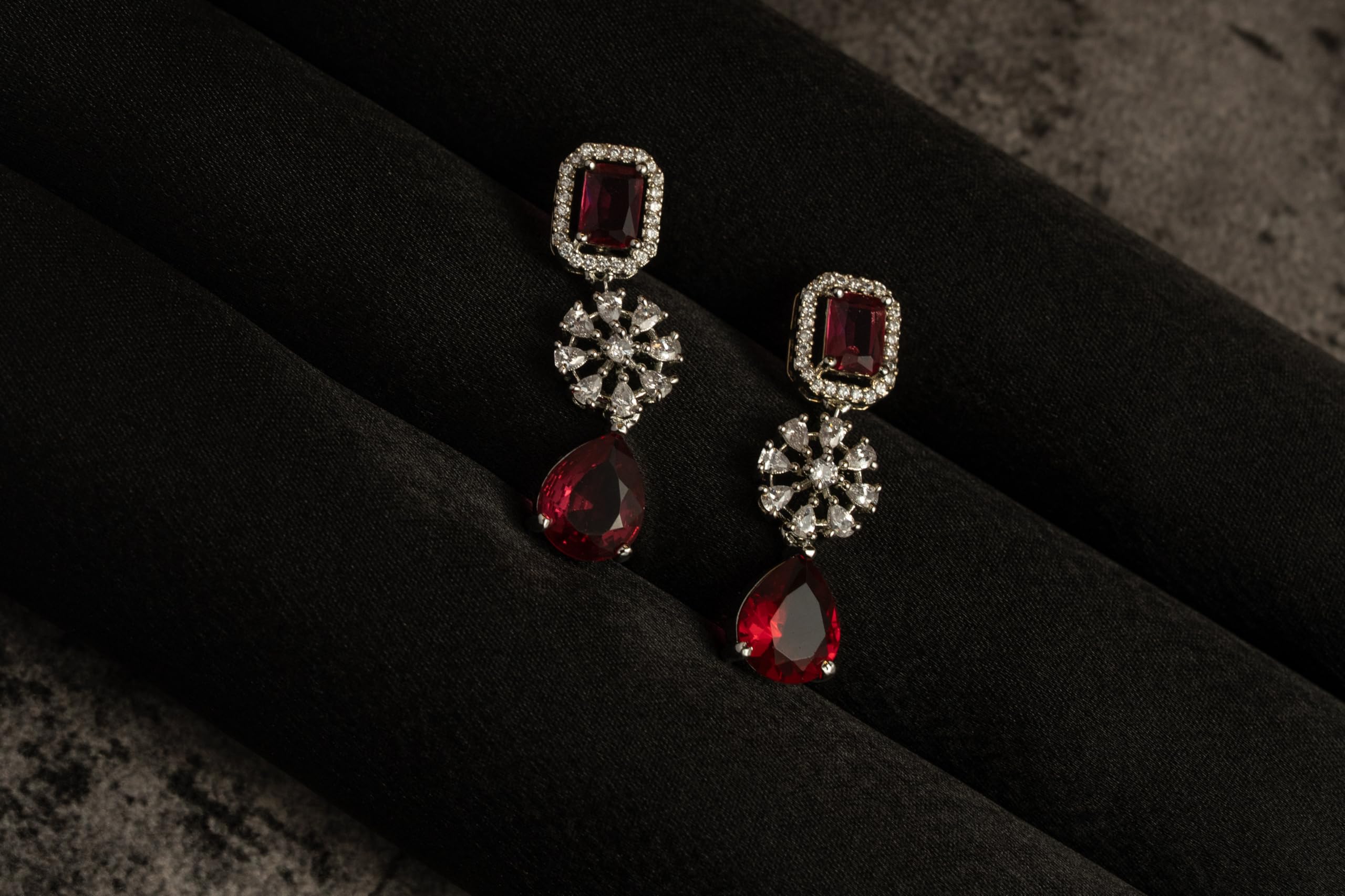 Silver Plated Red Stone Drop Earrings for Women | Statement Fashion Jewellery Earrings for Girls | Elegant Dangle Earrings Gift for Women