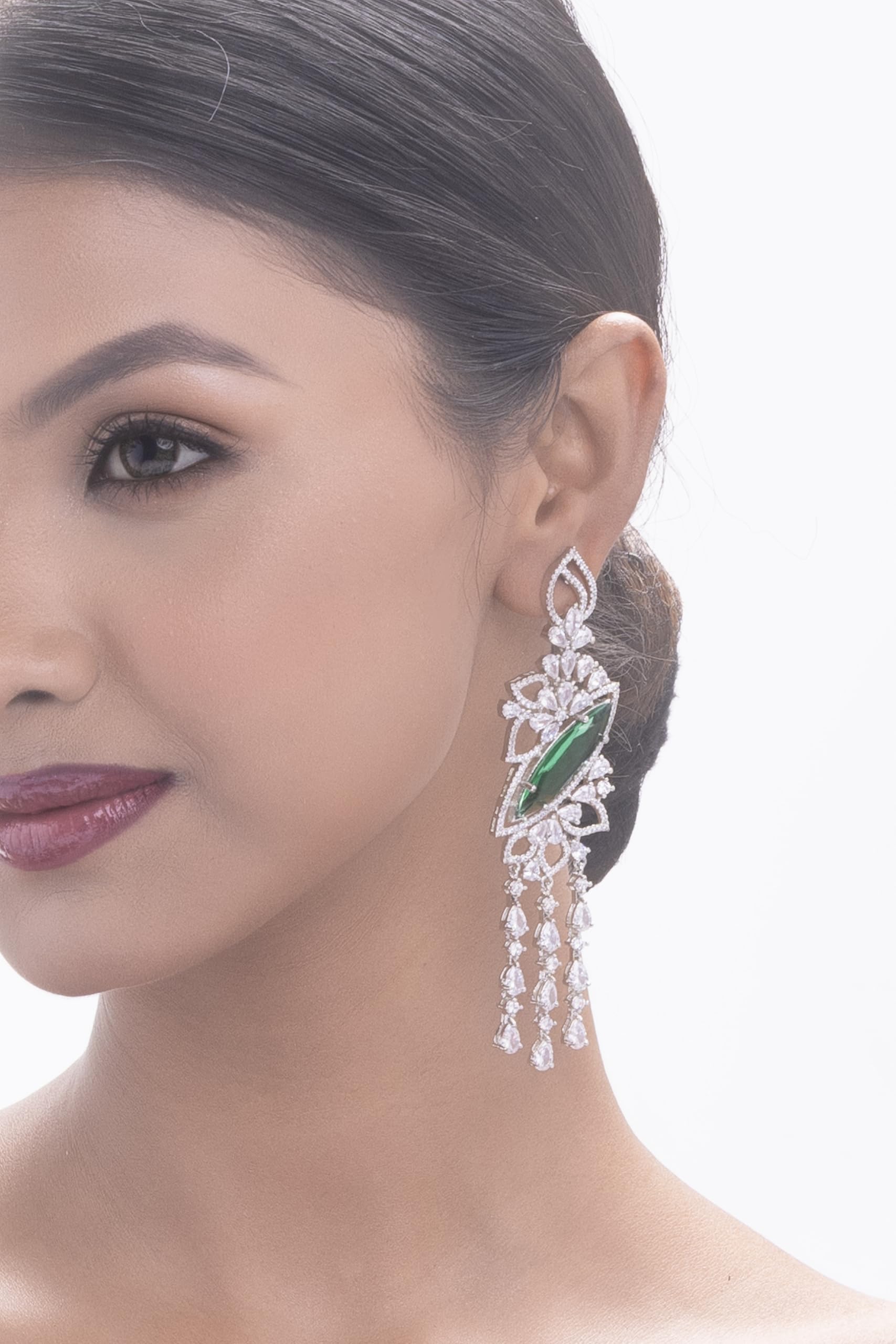 Silver Plated Green Stone Tassel Earrings for Women | Statement Fashion Jewellery Earrings for Girls | Long Dangle Earrings Gift for Women