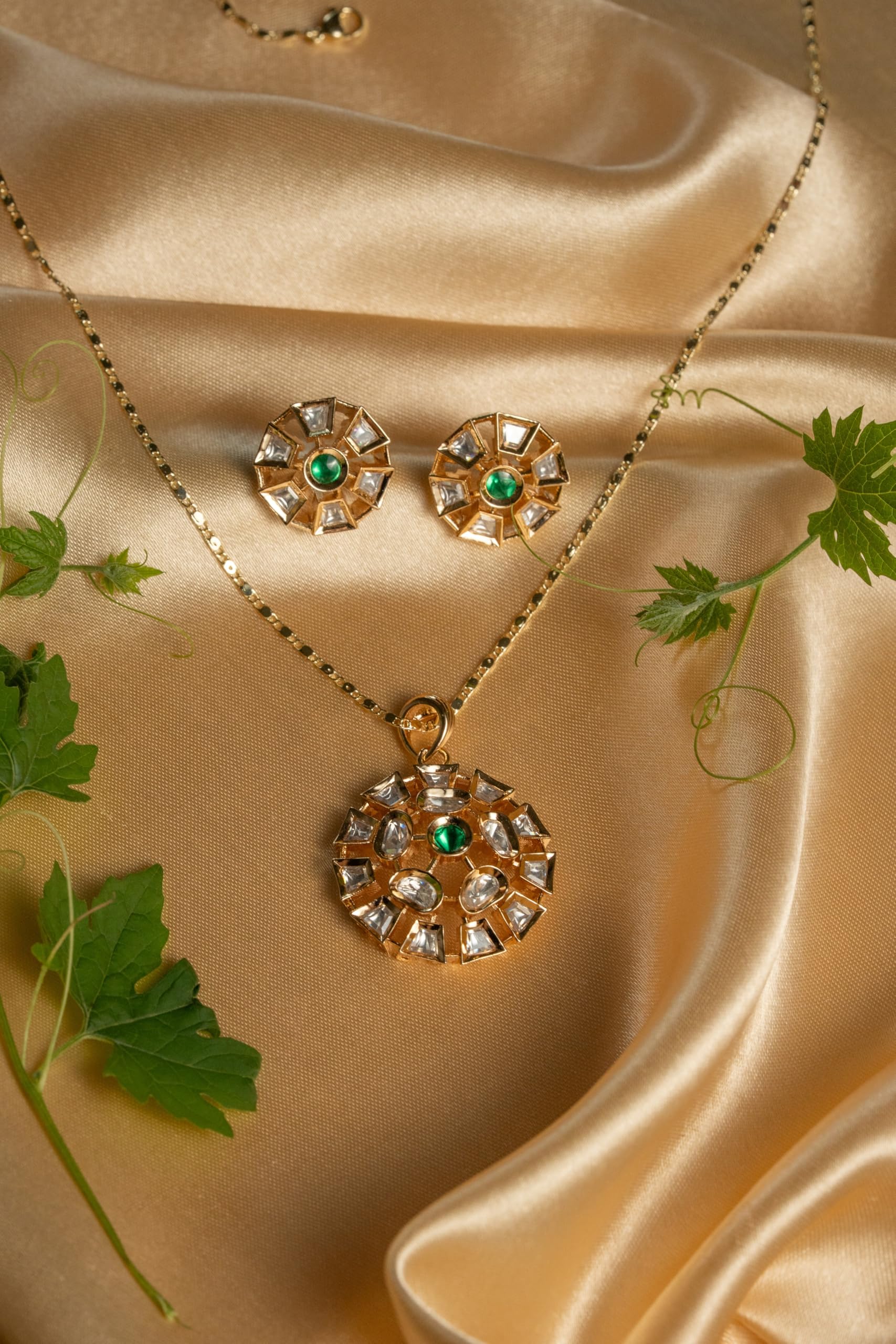 KAYRAH Women Green Brass Material Crafted Kundan Stone Studed Necklace with Earrings with Matching Earrings with Matching Earrings