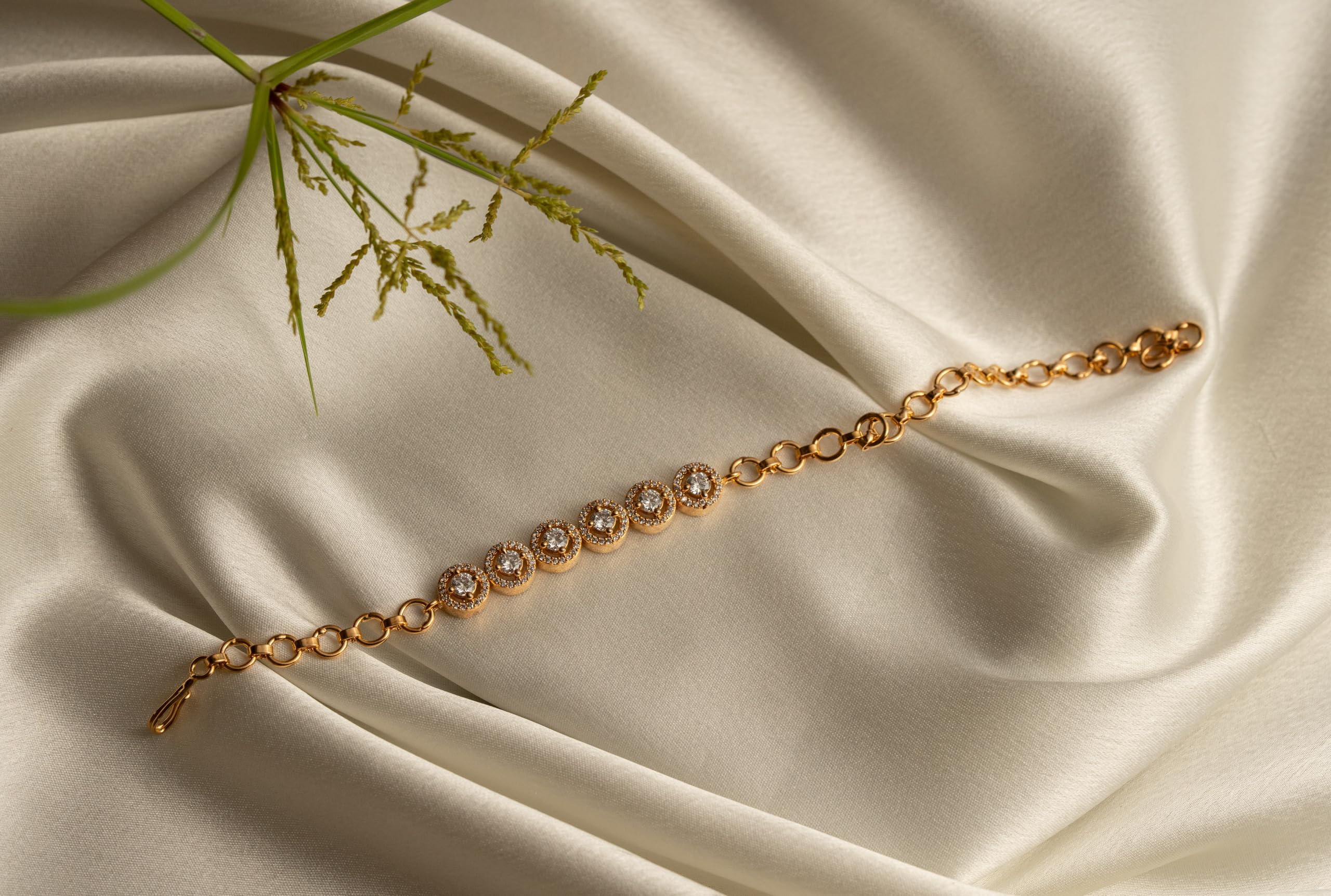 KAYRAH Gold Plated Round Crystal Chain Bracelet for Women Stylish Fashion Jewellery