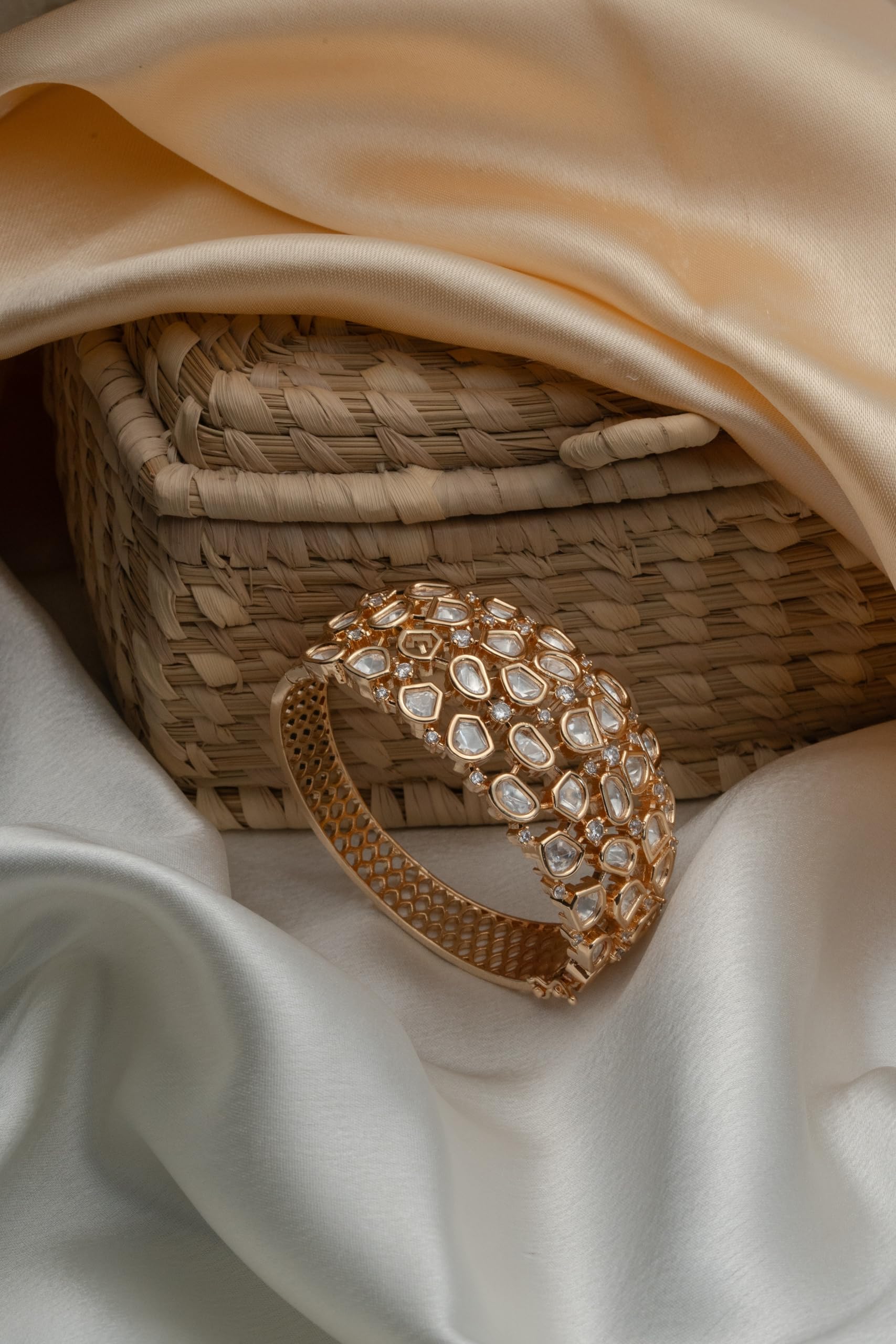 KAYRAH Gold Plated Crystal Studded Wide Bracelet for Women