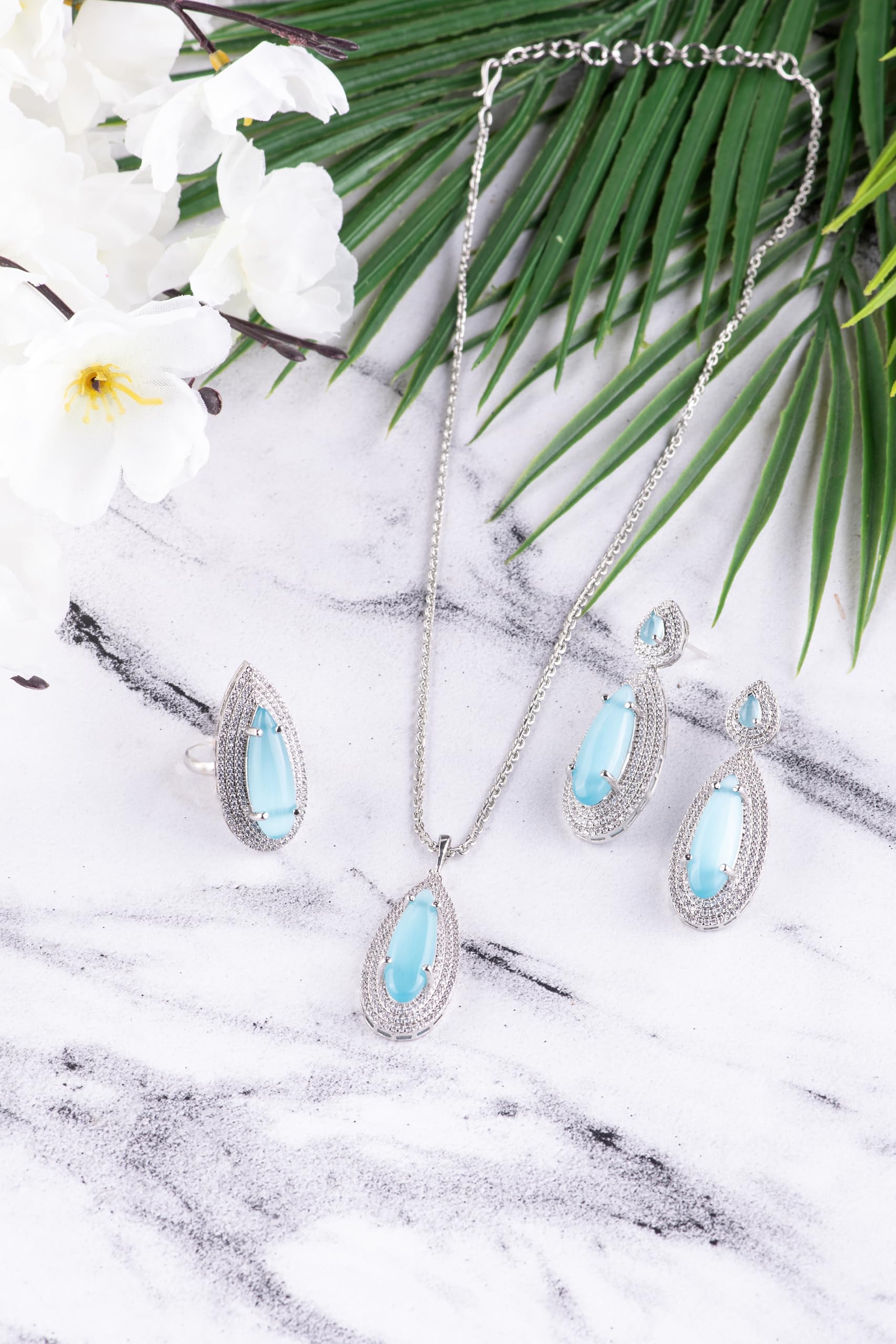 KAYRAH High-polished Brass CZ Stone Pendant Necklace, Stud Earrings and Ring Set for Women and Girls with Matching Earrings with Matching Earrings