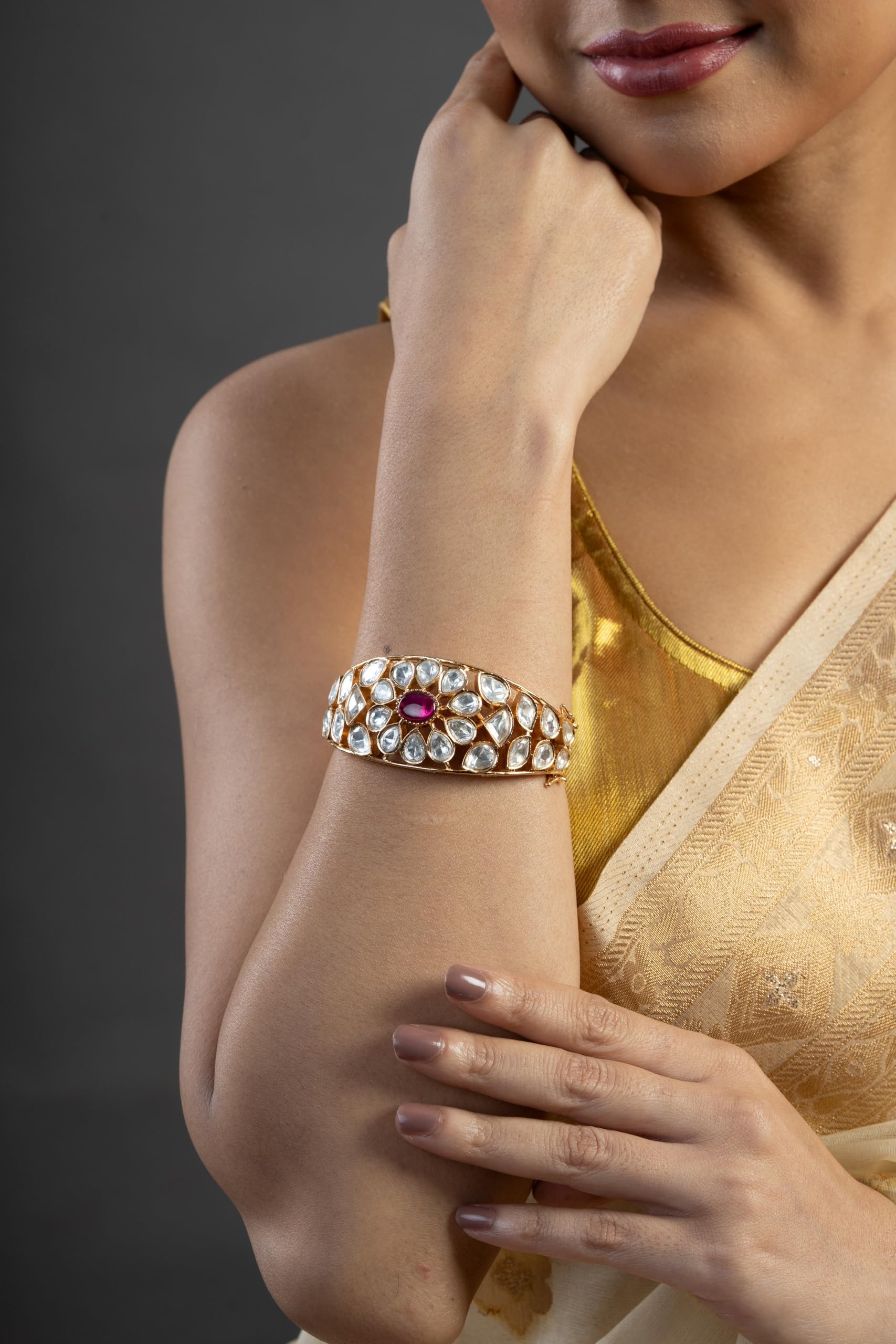 KAYRAH Gold Plated Ruby Crystal Studded Wide Bracelet for Women