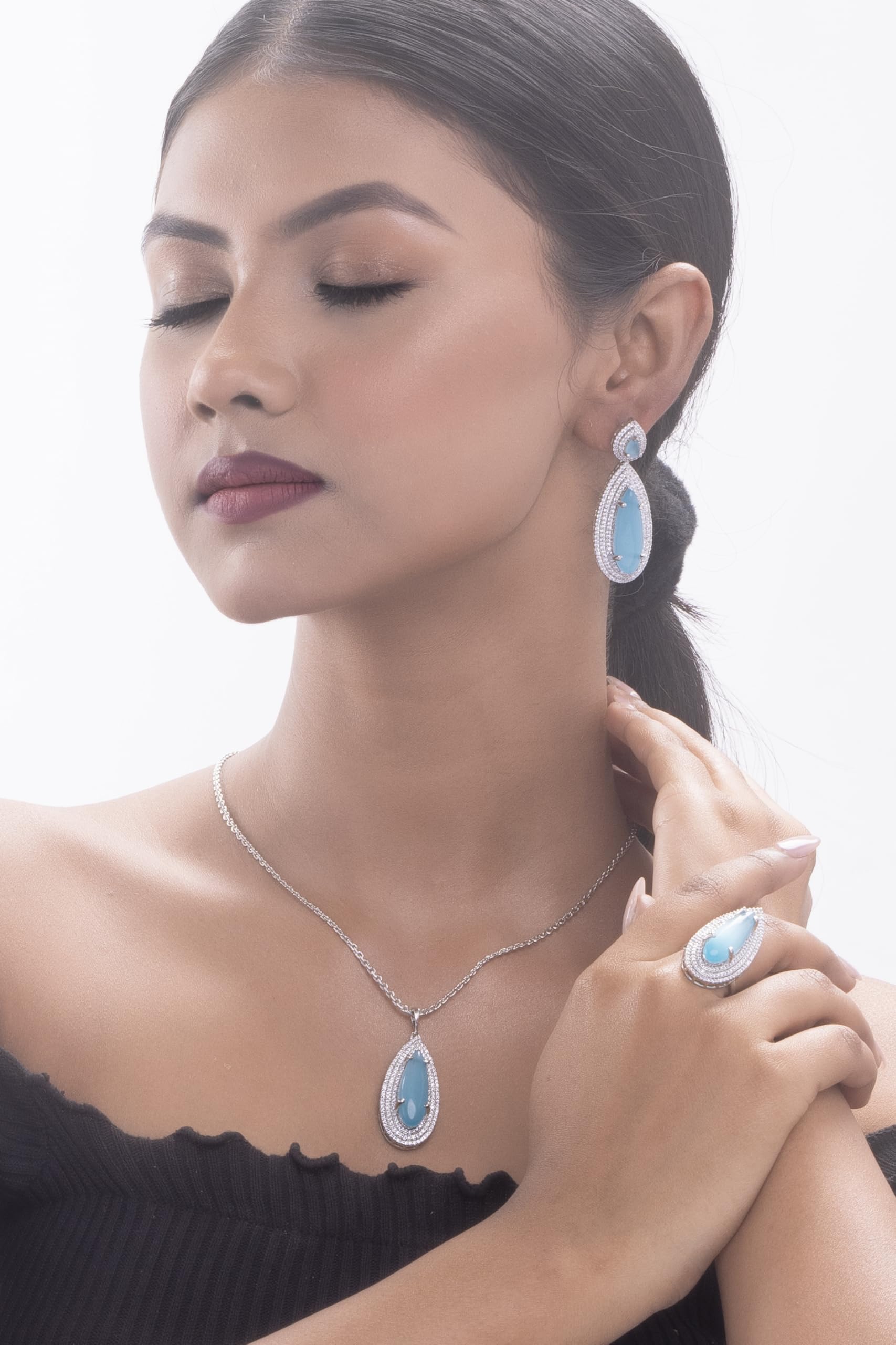 KAYRAH High-polished Brass CZ Stone Pendant Necklace, Stud Earrings and Ring Set for Women and Girls with Matching Earrings with Matching Earrings