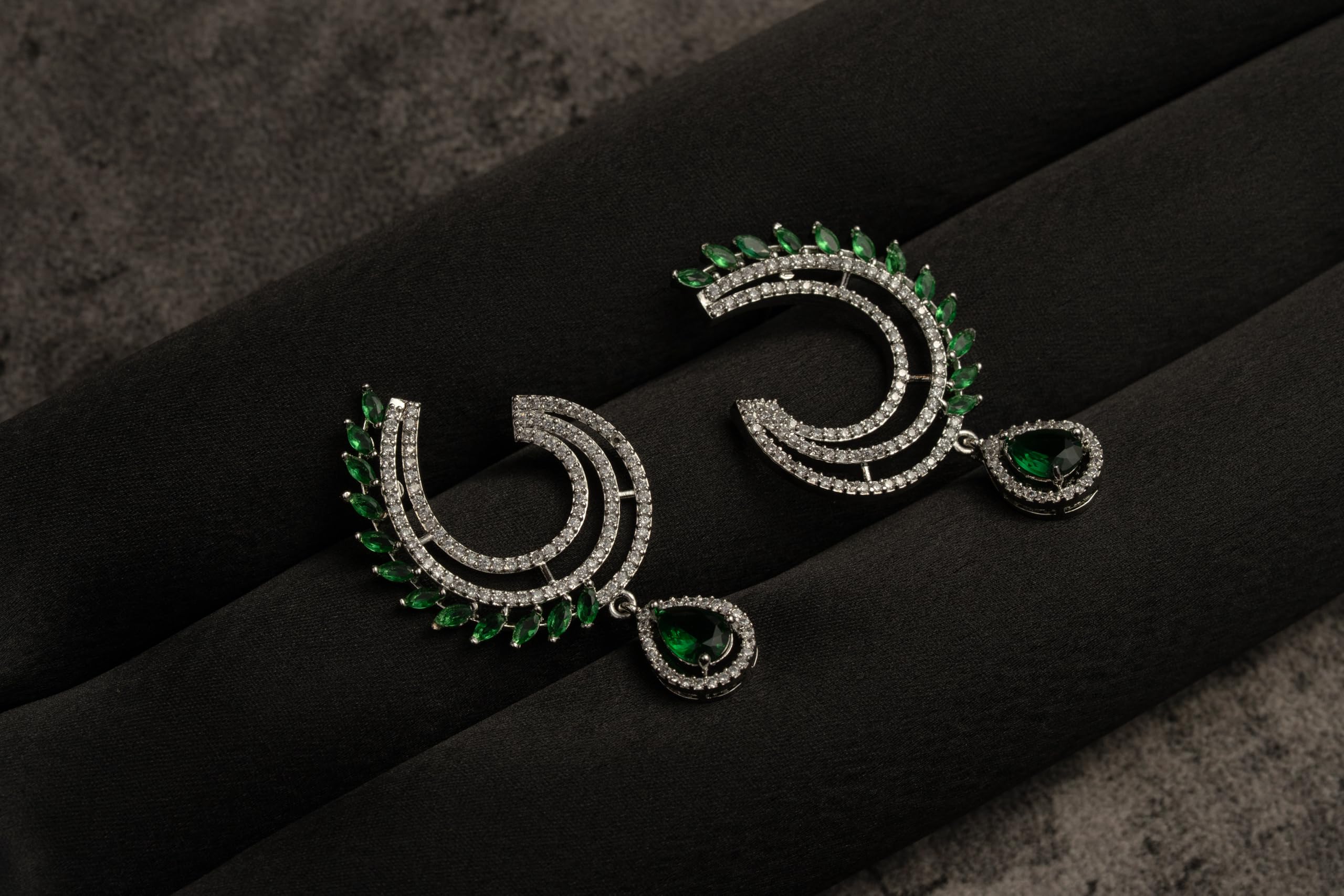 Silver Plated Green Stone Hoop Earrings for Women | Statement Fashion Jewellery Earrings for Girls | Stylish Party Earrings Gift for Women