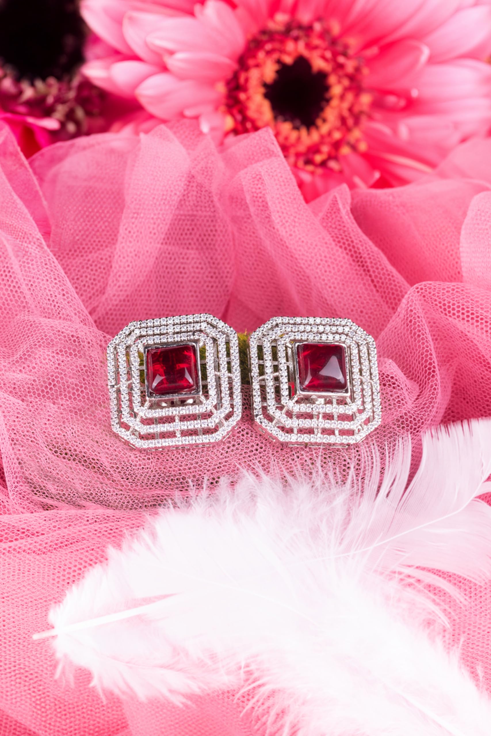 Silver Plated Red Stone Stud Earrings for Women | Geometric Fashion Jewellery Earrings for Girls | Elegant Party Earrings Gift for Women