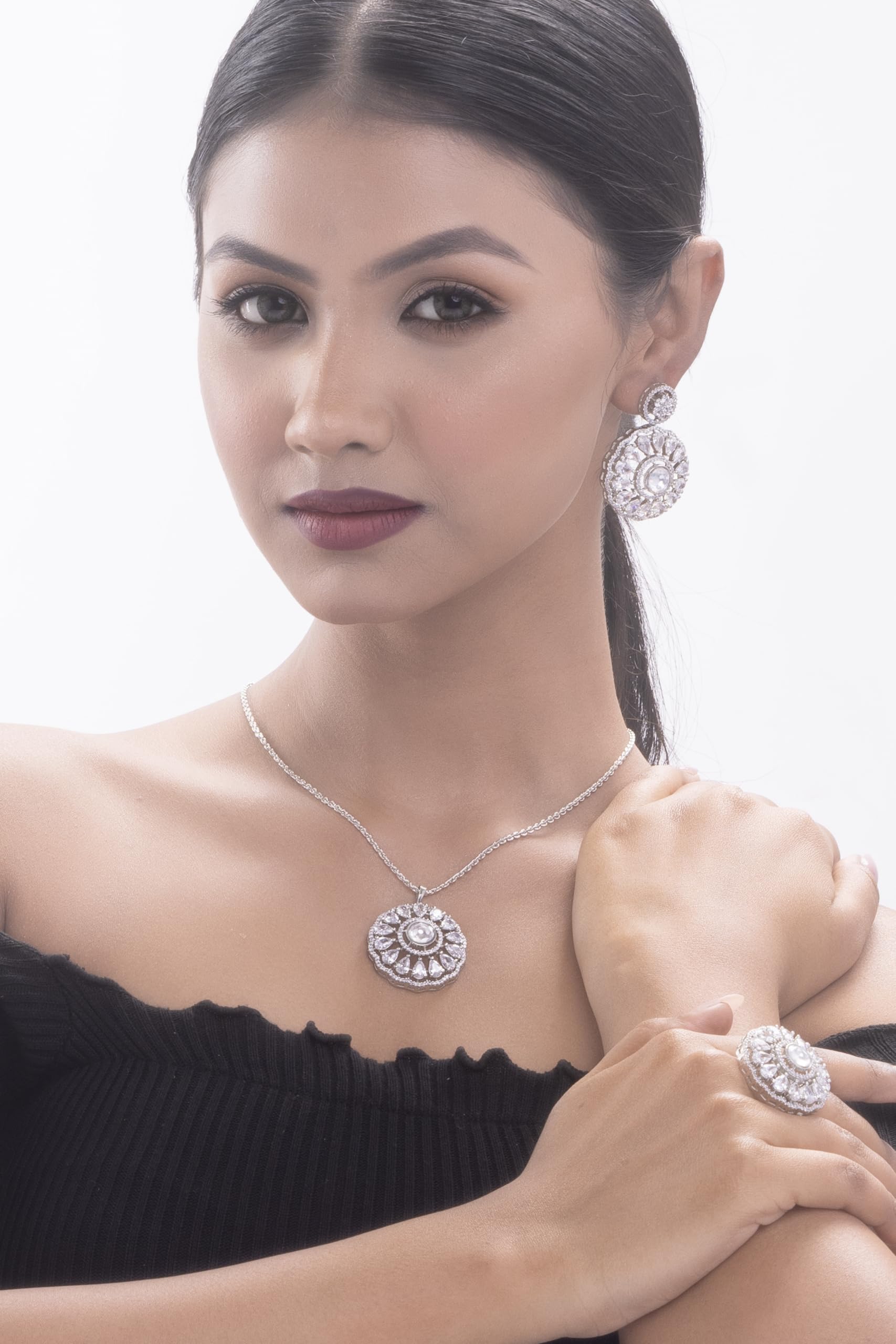 KAYRAH High-polished Brass CZ Stone Pendant Necklace, Stud Earrings and Ring Set for Women and Girls with Matching Earrings with Matching Earrings