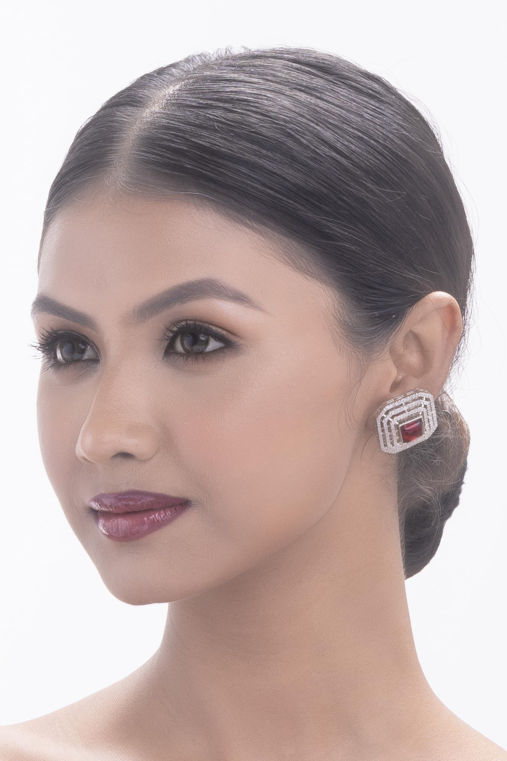 Silver Plated Red Stone Stud Earrings for Women | Geometric Fashion Jewellery Earrings for Girls | Elegant Party Earrings Gift for Women
