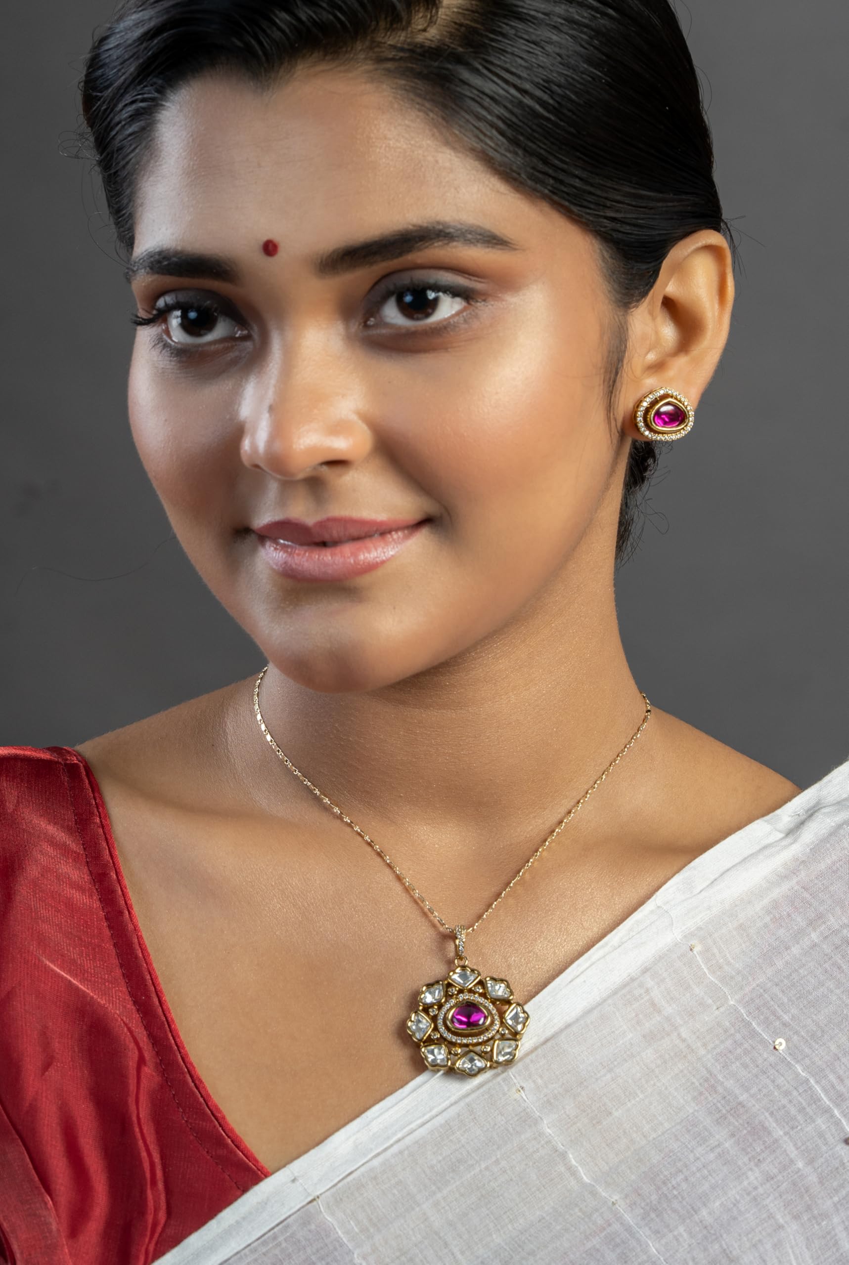 KAYRAH Women Red Brass Material Crafted Kundan Stone Studed Necklace with Earrings with Matching Earrings with Matching Earrings
