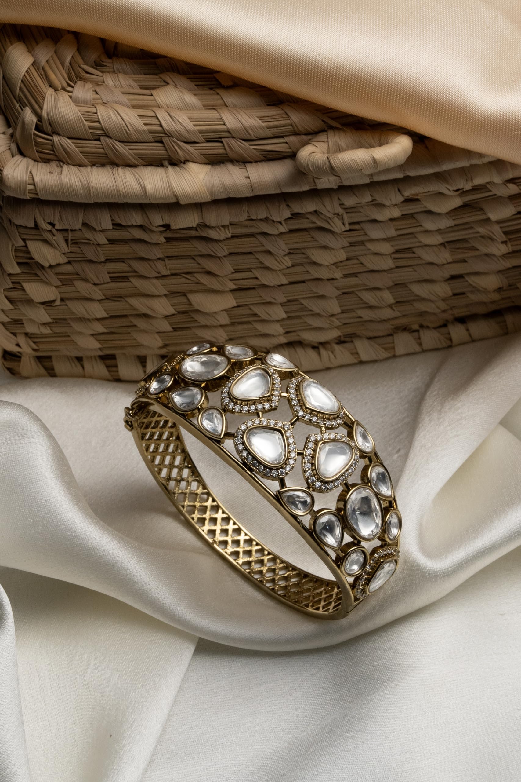 KAYRAH Gold Plated White Stone Wide Statement Bracelet for Women