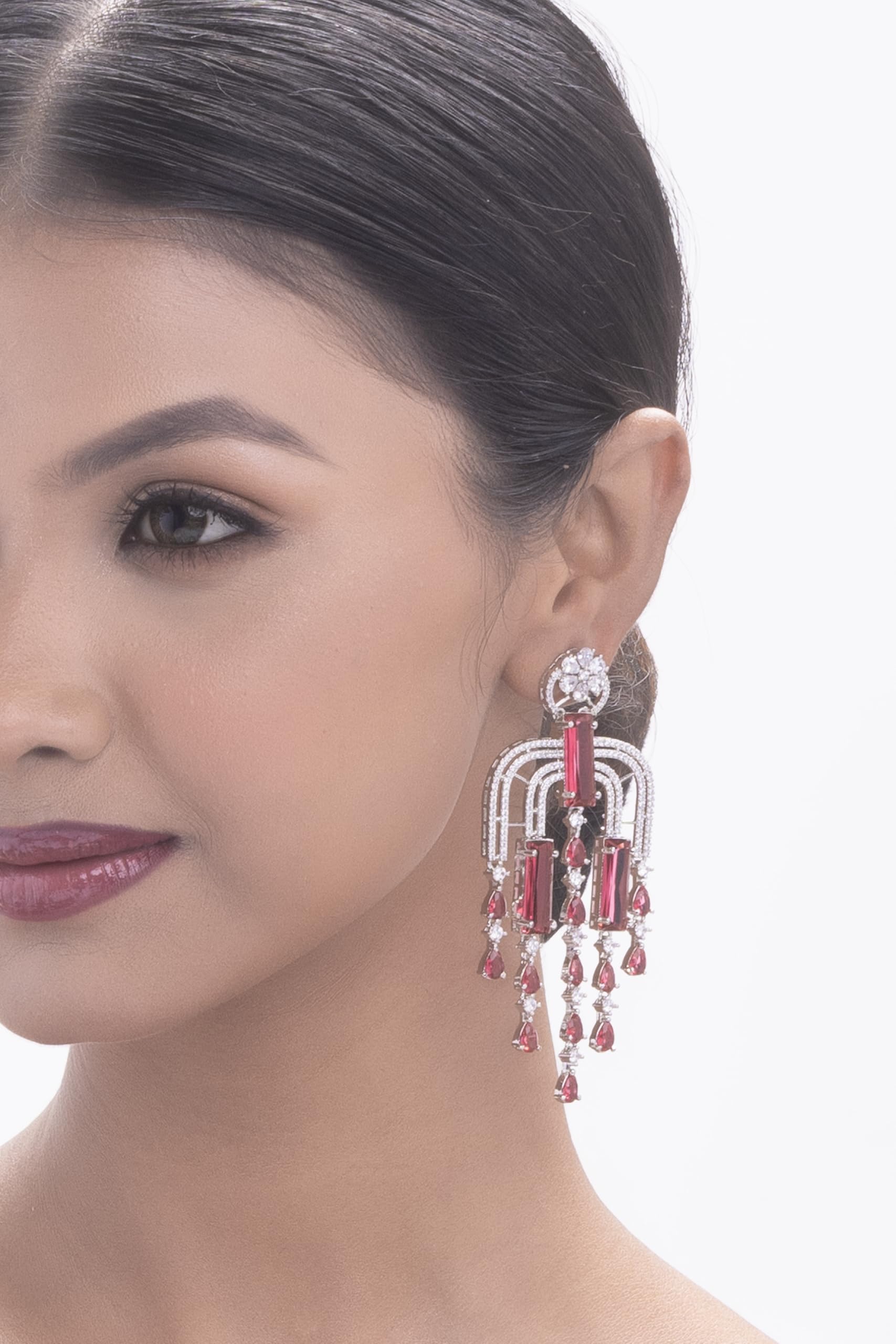 Silver Plated Pink Stone Tassel Earrings for Women | Long Dangle Fashion Jewellery Earrings for Girls | Stylish Statement Earrings Gift for Women