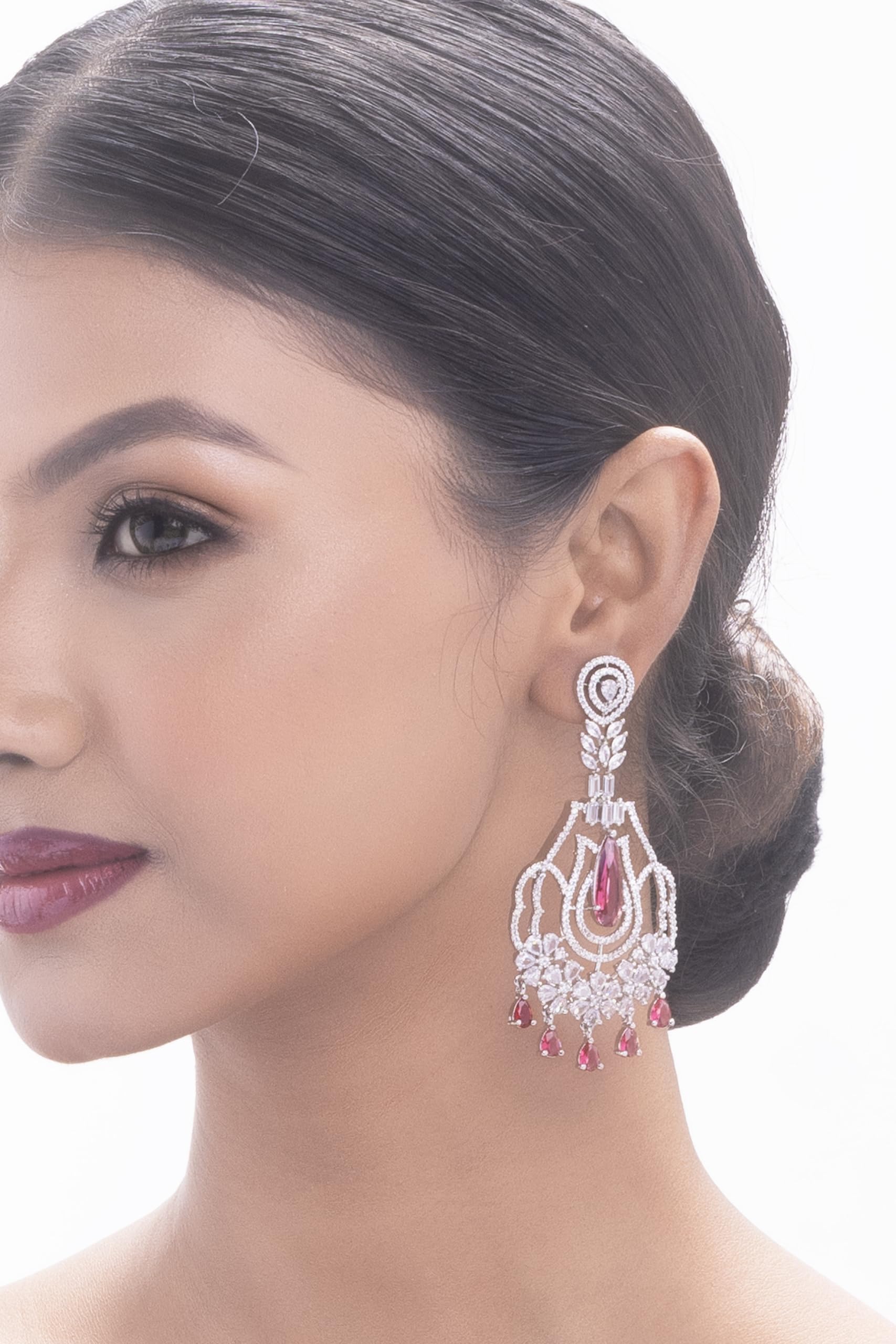 Silver Plated Pink Stone Jhumka Earrings for Women | Statement Fashion Jewellery Earrings for Girls | Long Dangle Earrings Gift for Women