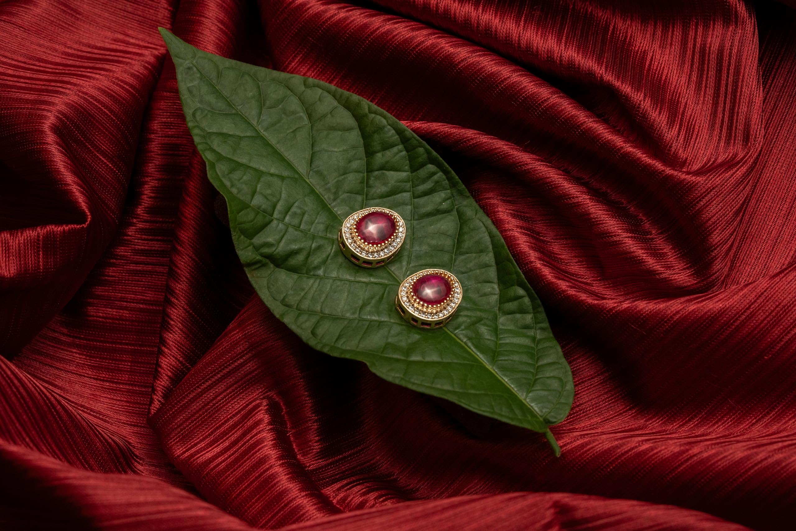Gold Plated Oval Red Stone Stud Earrings for Women Stylish | Crystal Fashion Jewellery Earrings for Girls | Elegant Earrings Gift for Women
