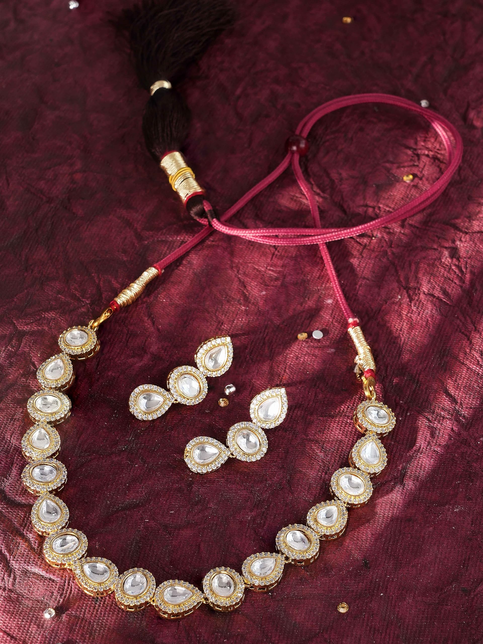 KAYRAH Women Green Brass Material Crafted Kundan Stone Studed Necklace with Earrings with Matching Earrings with Matching Earrings