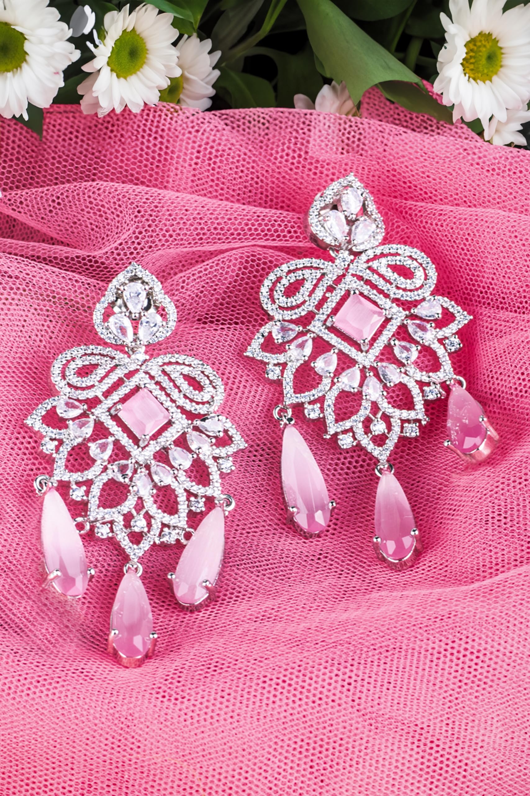 Silver Plated Pink Stone Statement Earrings for Women | Floral Dangle Fashion Jewellery Earrings for Girls | Elegant Drop Earrings Gift for Women
