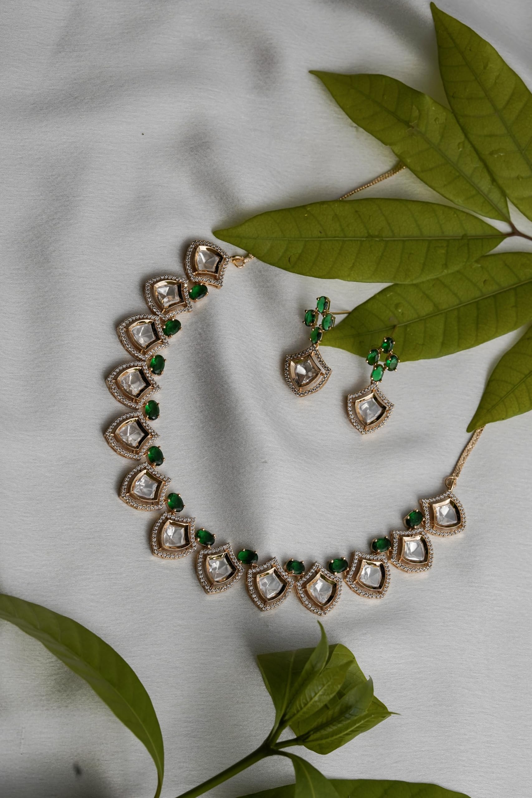 KAYRAH Women White Brass Material Crafted Kundan Stone Studed Necklace with Earrings with Matching Earrings with Matching Earrings