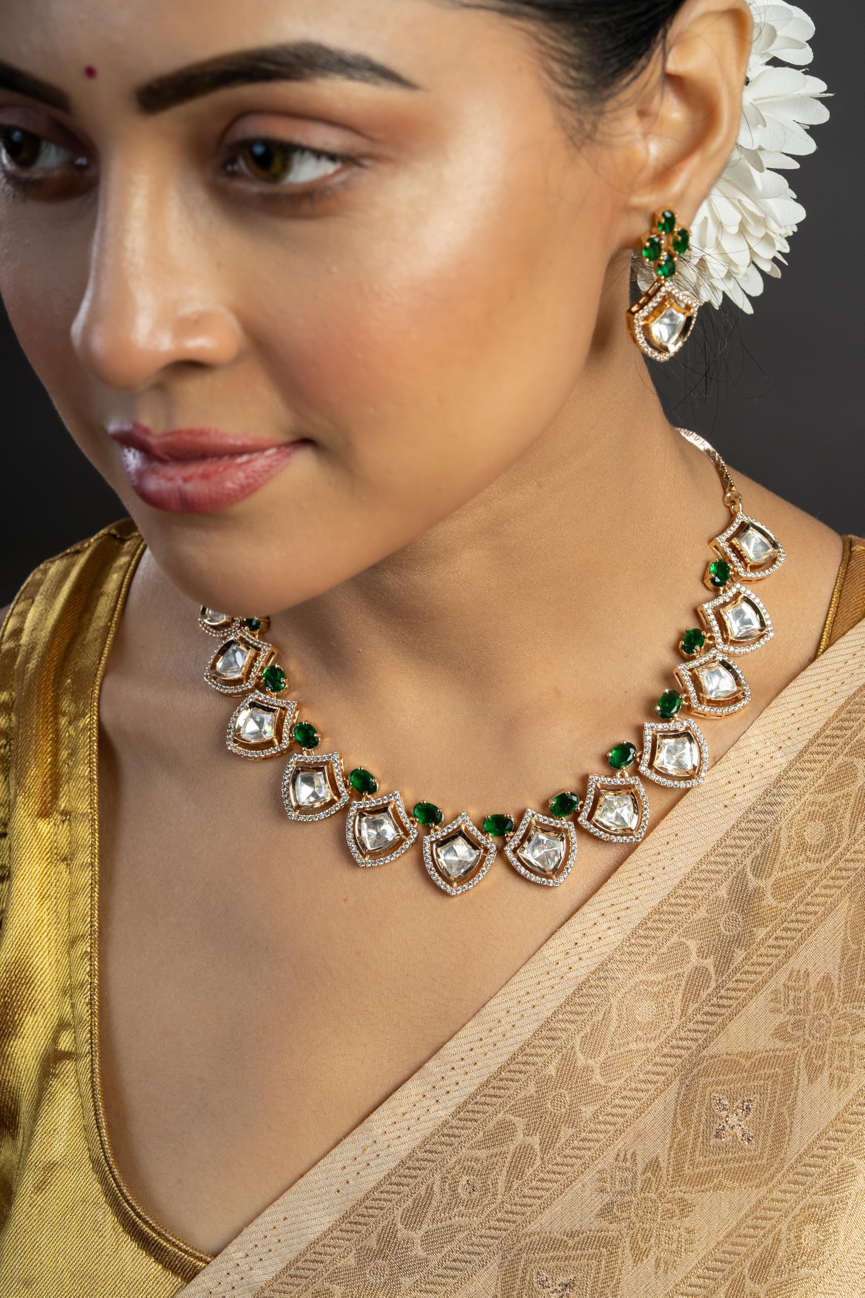 KAYRAH Women White Brass Material Crafted Kundan Stone Studed Necklace with Earrings with Matching Earrings with Matching Earrings