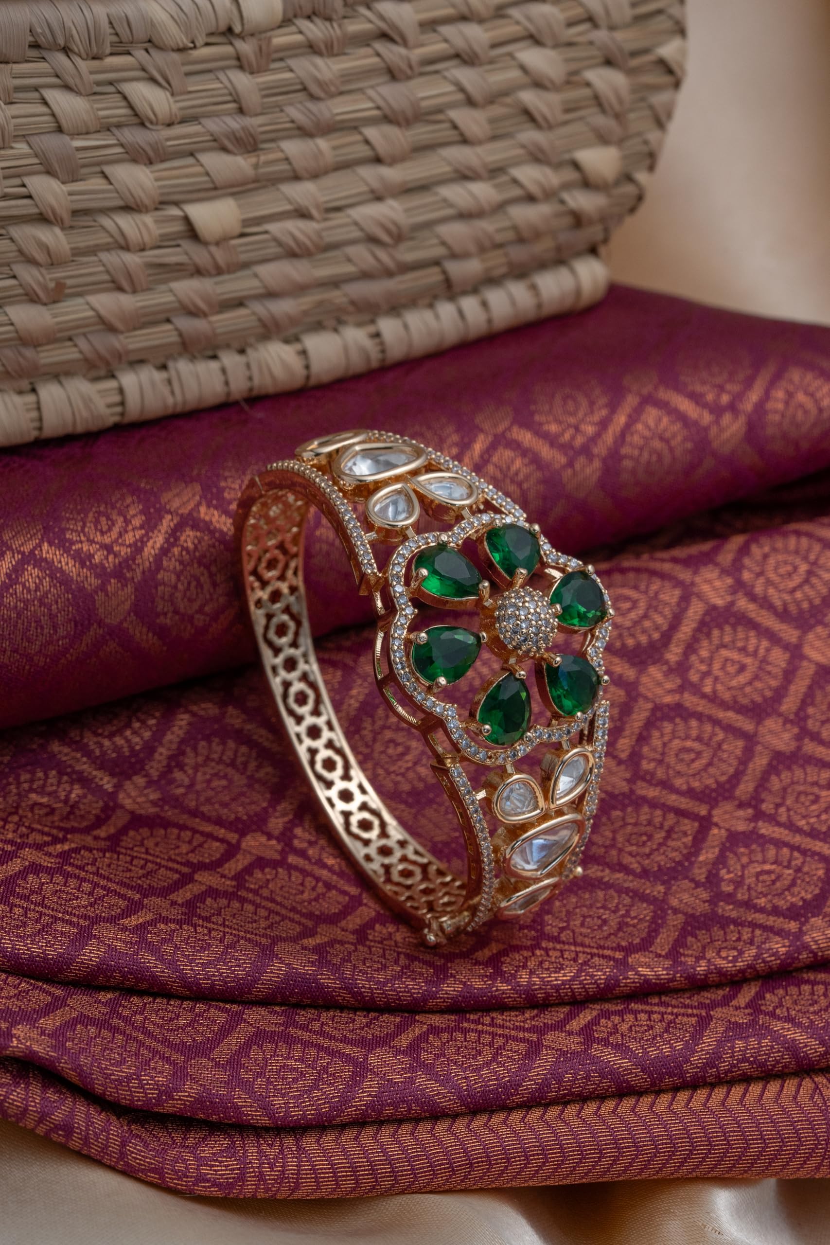 KAYRAH Gold Plated Green Stone Floral Bangle for Women