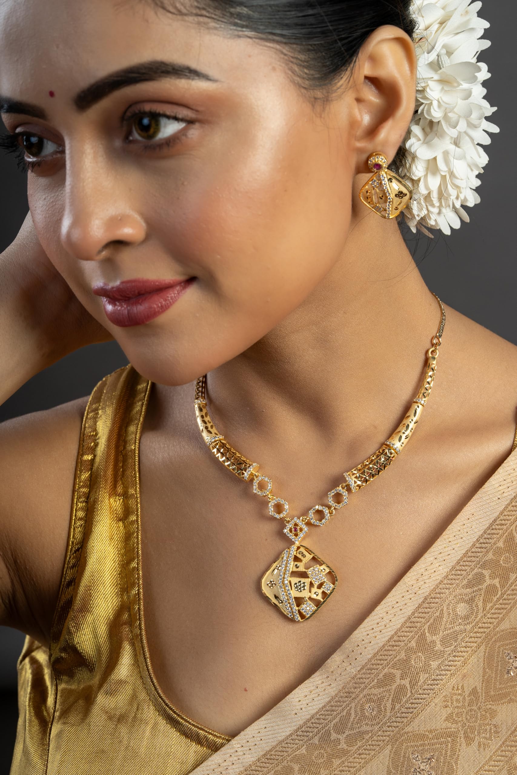 KAYRAH Gold Plated Geometric Necklace Set for Women with Matching Earrings with Matching Earrings