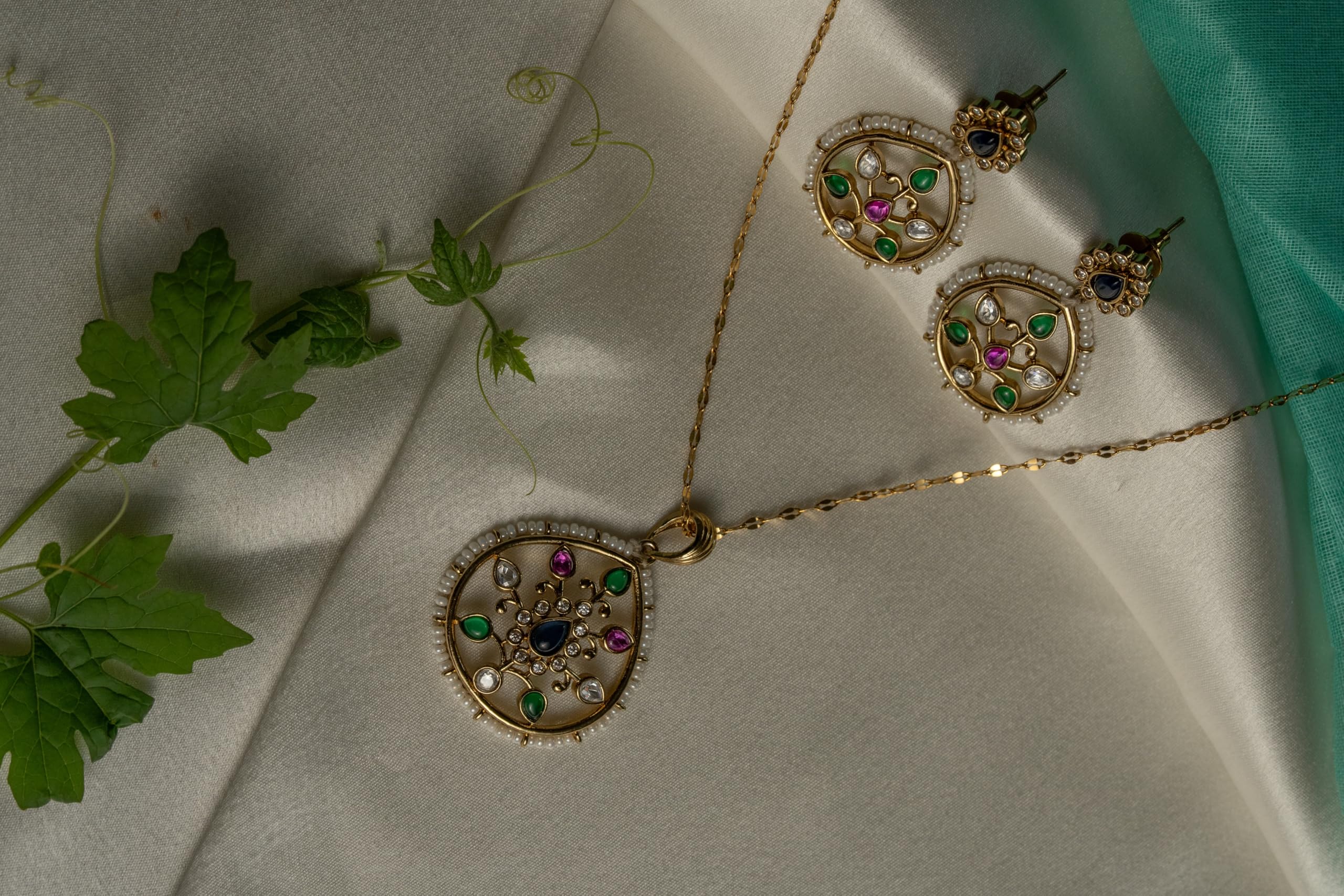 KAYRAH Women Multi Brass Material Crafted Onyx Stone Studed Necklace with Earrings with Matching Earrings with Matching Earrings