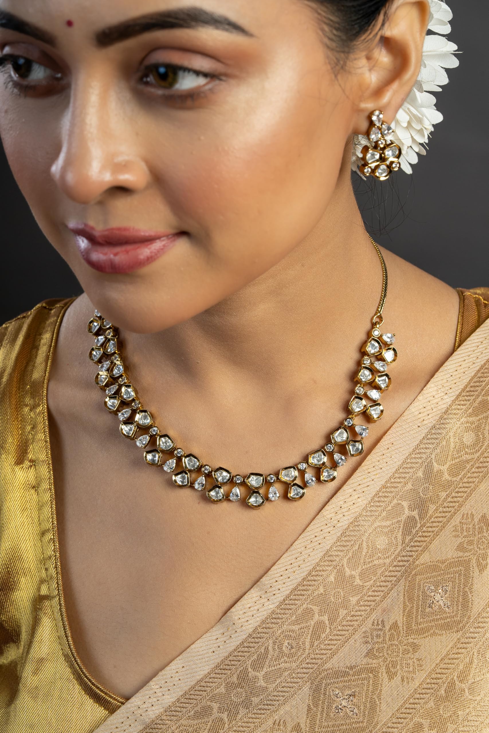 KAYRAH Women Green Brass Material Crafted Kundan Stone Studed Necklace with Earrings with Matching Earrings with Matching Earrings