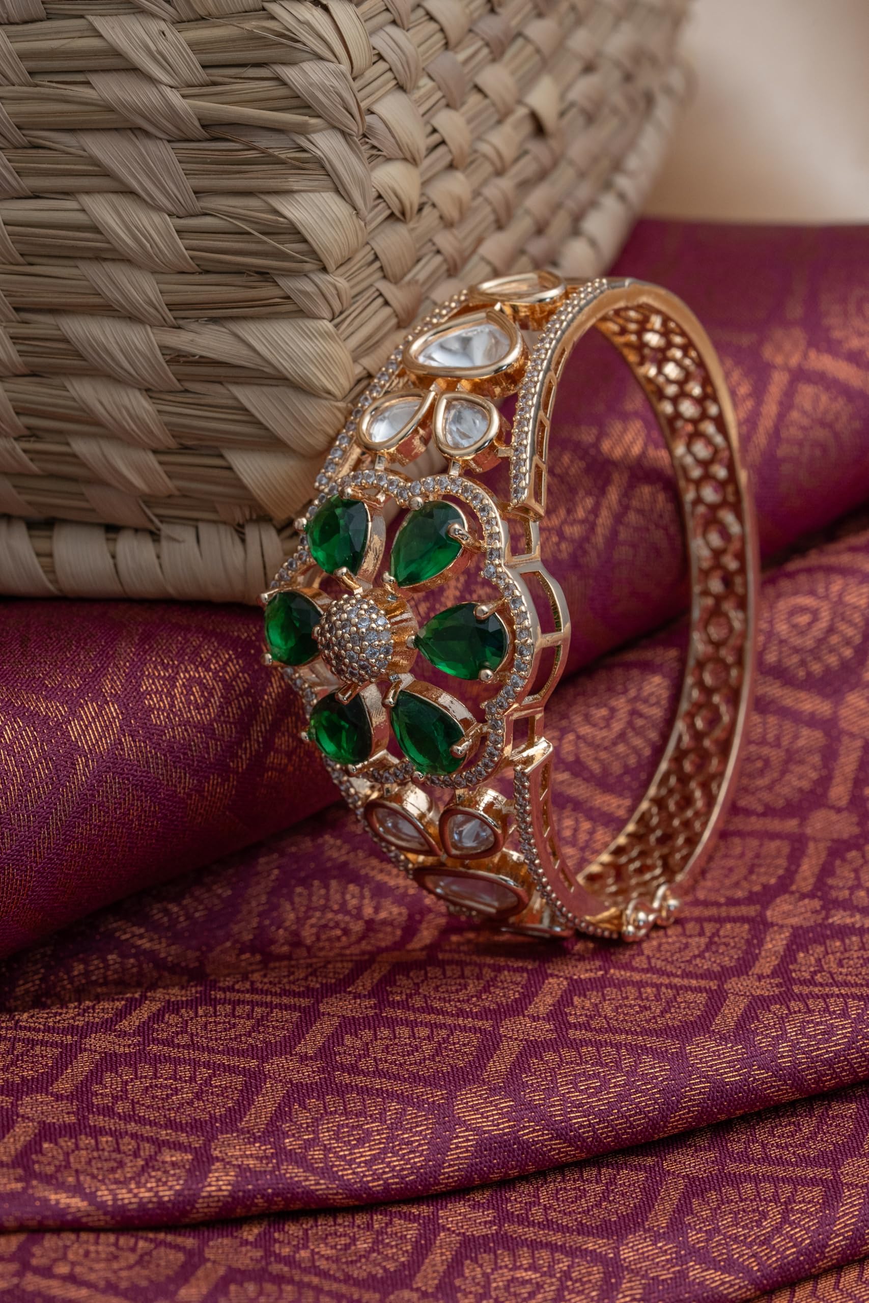 KAYRAH Gold Plated Green Stone Floral Bangle for Women