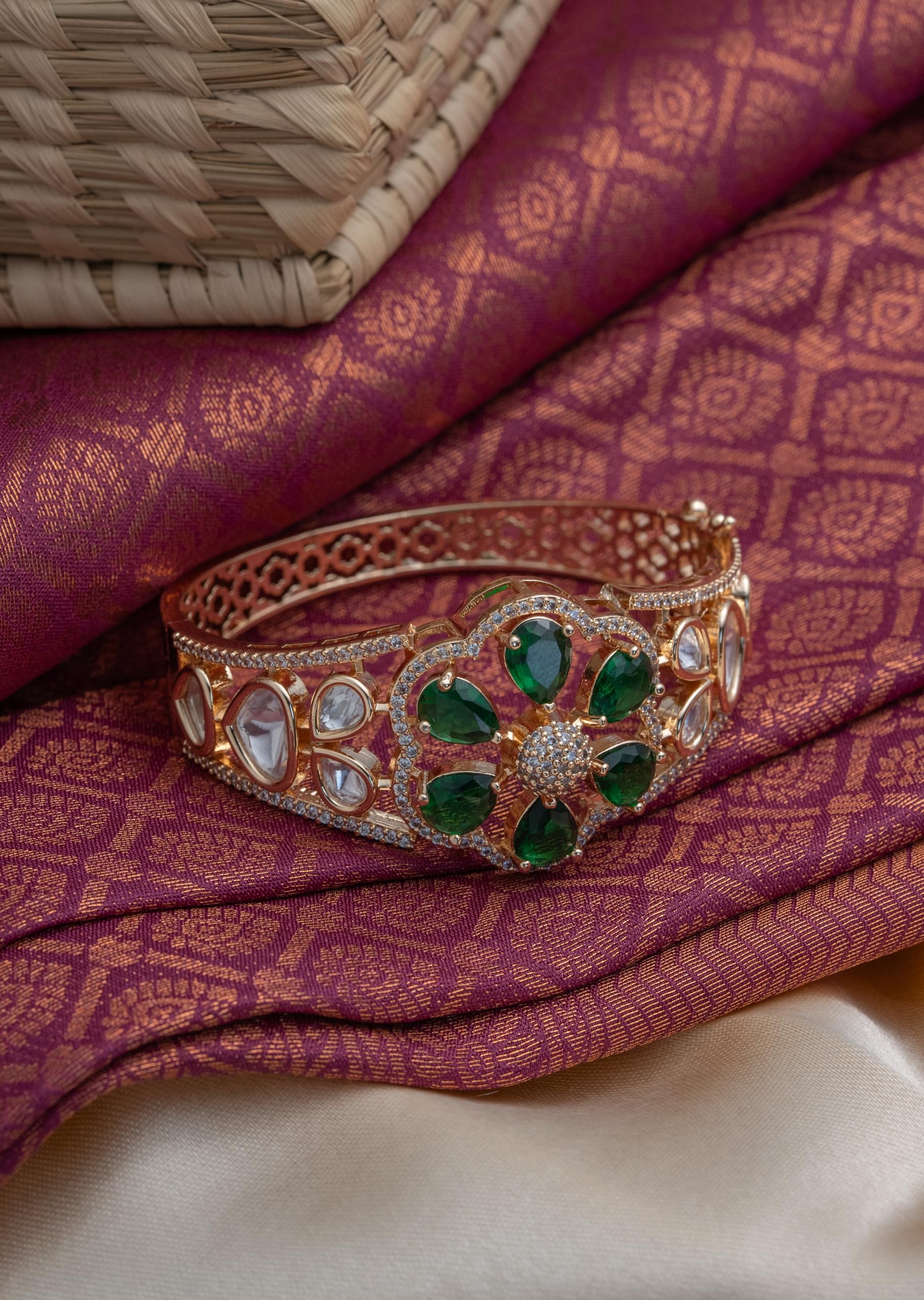 KAYRAH Gold Plated Green Stone Floral Bangle for Women