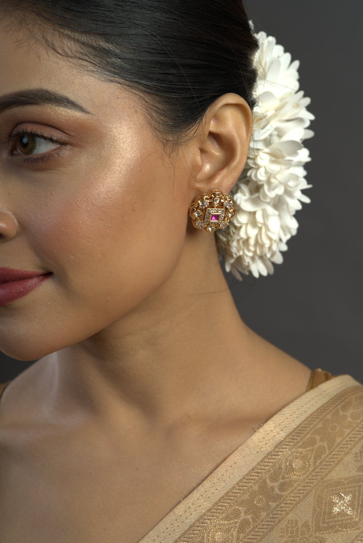 Ruby Pink Floral Gold-Tone Stud Earrings for Women