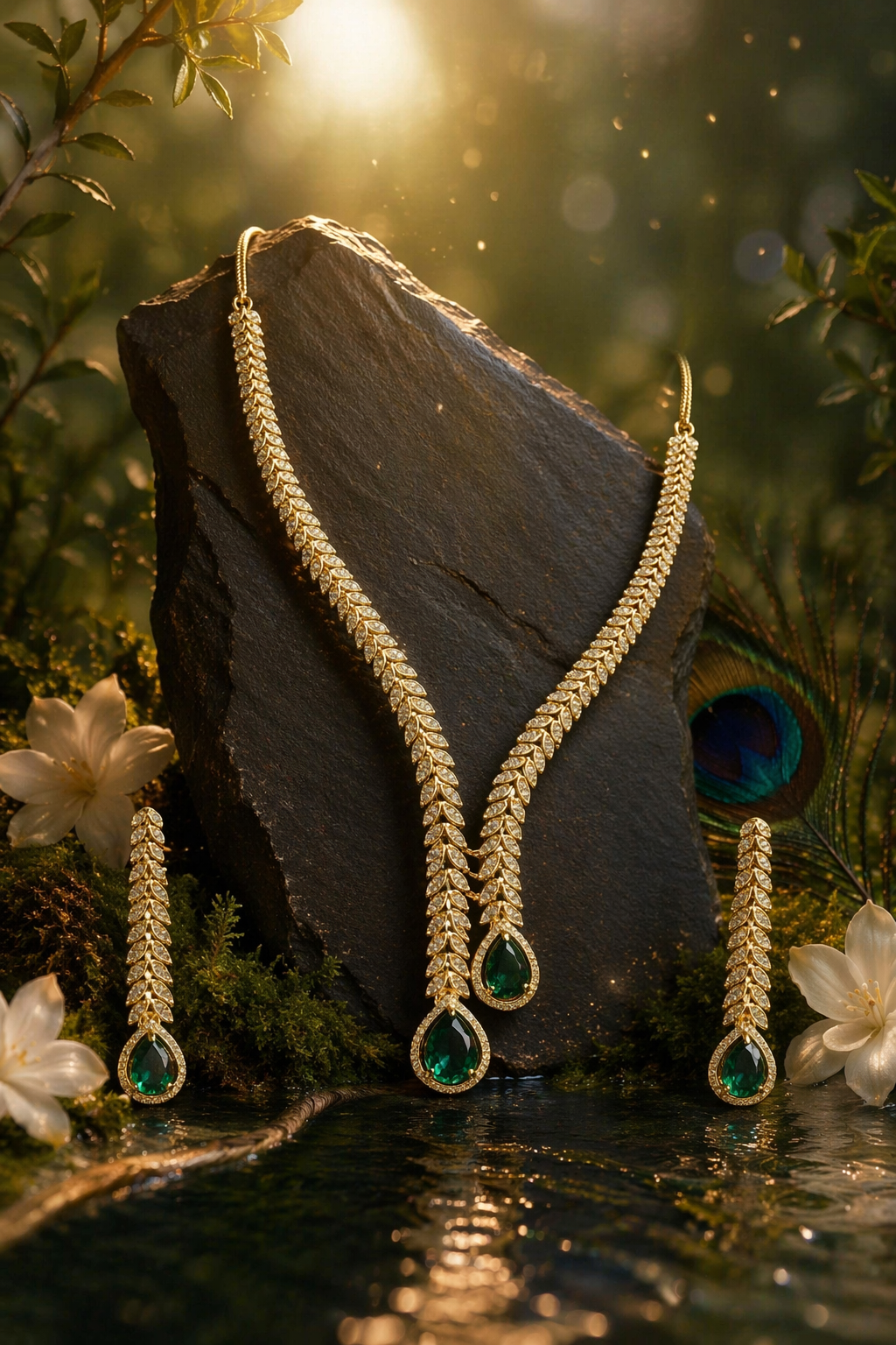 Kayrah Gold Tone Green Stone Leaf Design Necklace Set with Earrings