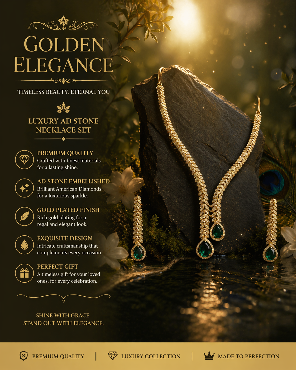 Kayrah Gold Tone Green Stone Leaf Design Necklace Set with Earrings