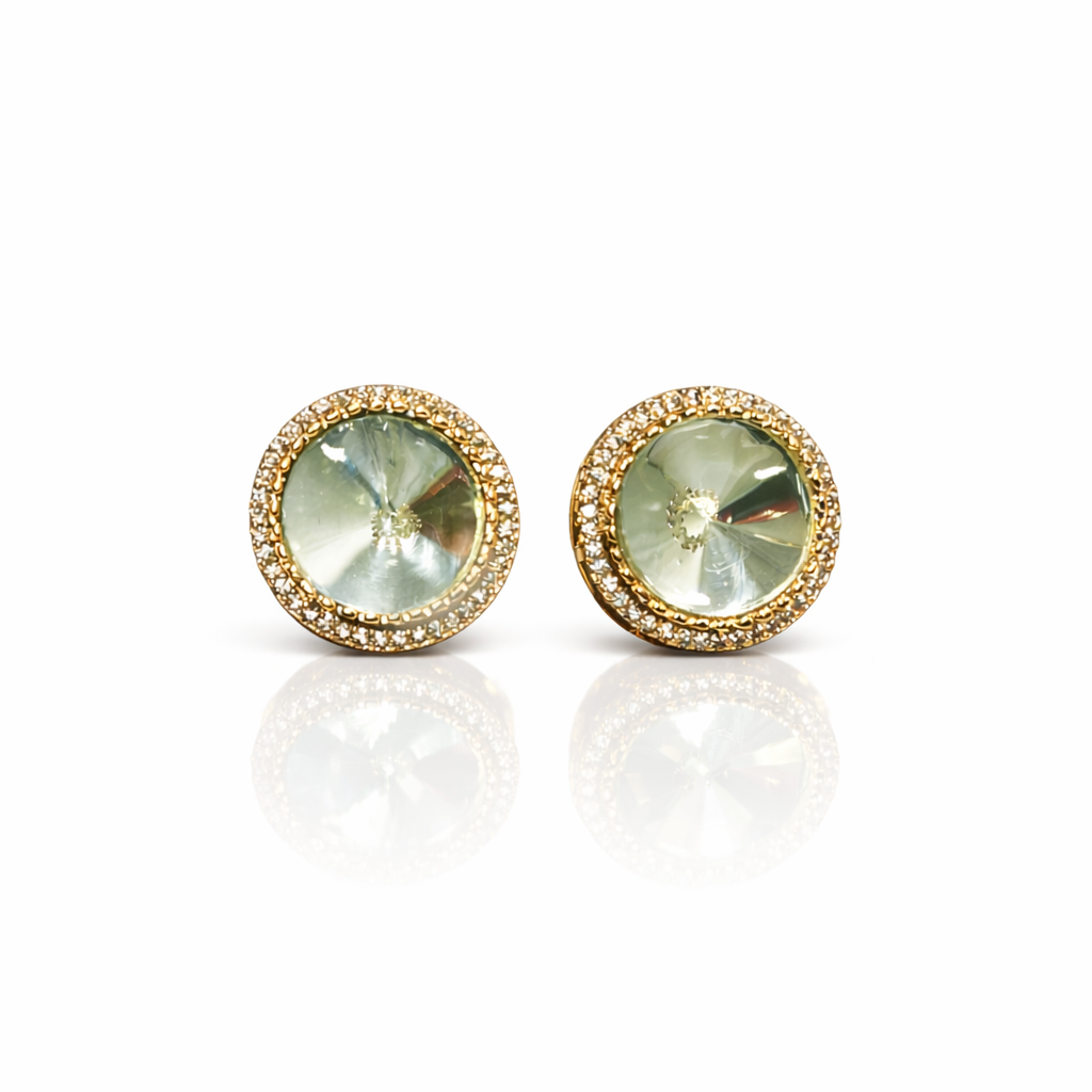 Green Round Stone Gold-Tone Stud Earrings for Women