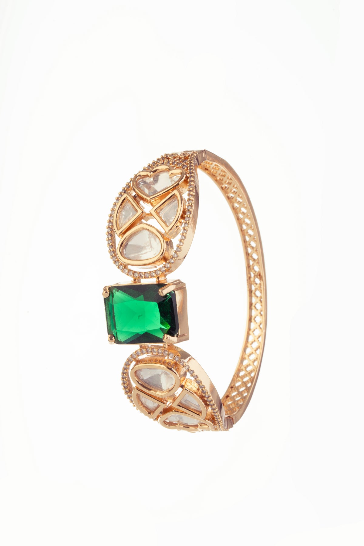 Gold-Tone Green Stone Geometric Statement Bangle for Women