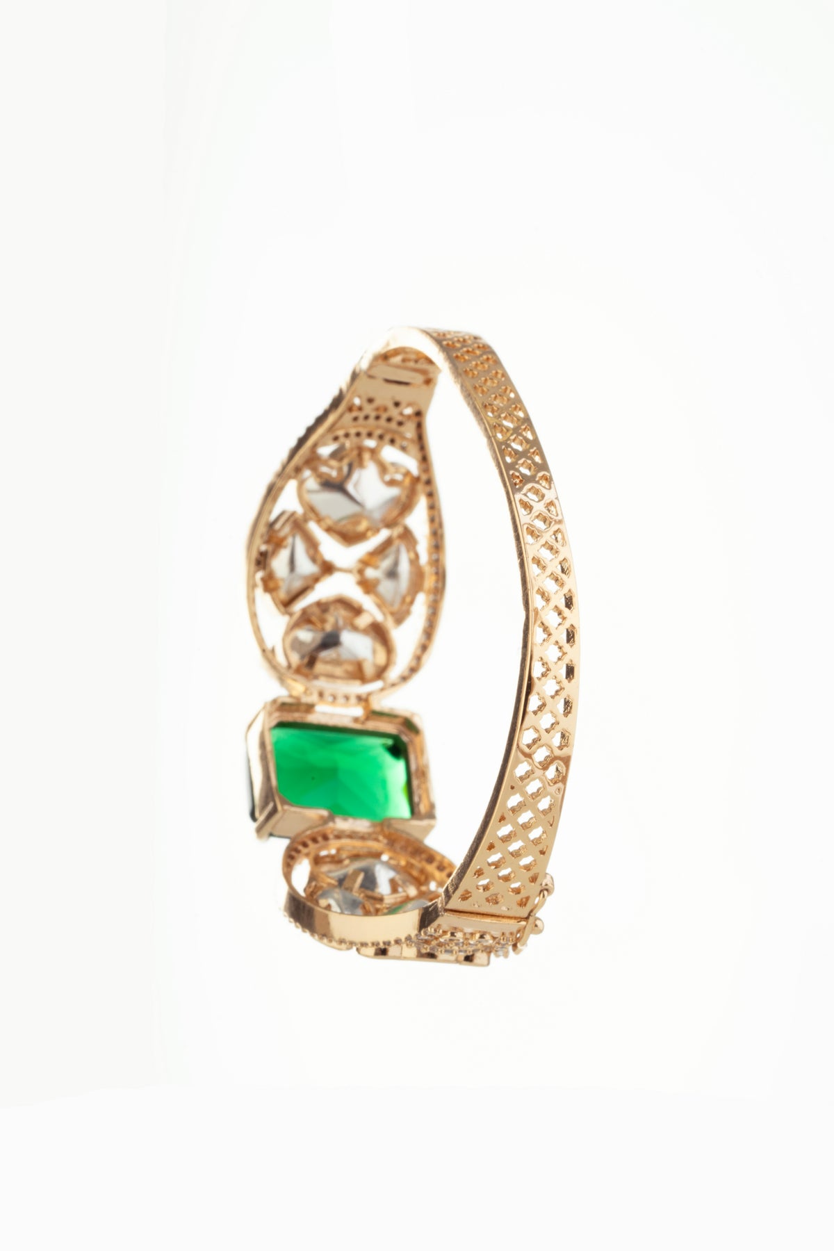 Gold-Tone Green Stone Geometric Statement Bangle for Women