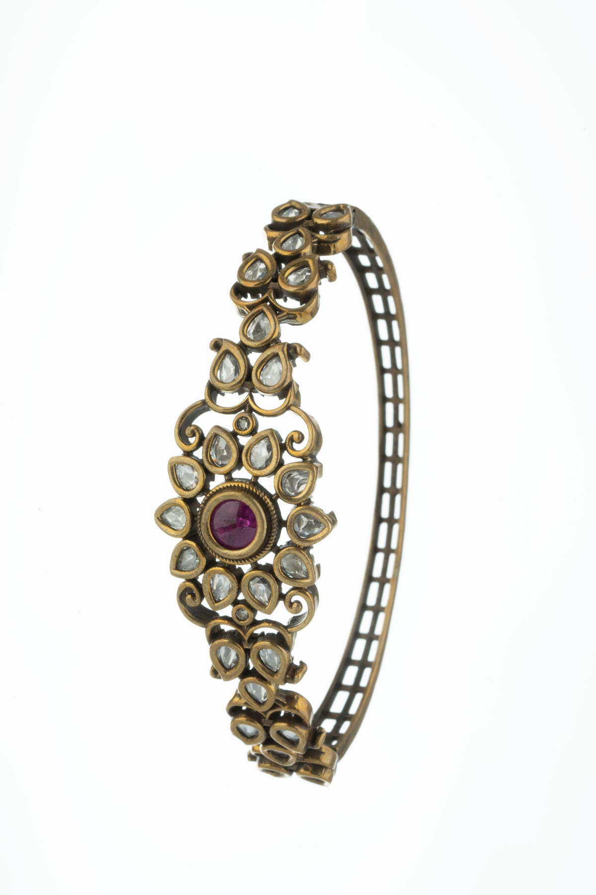 Antique Gold Floral Designer Bracelet with Pink Stone for Women