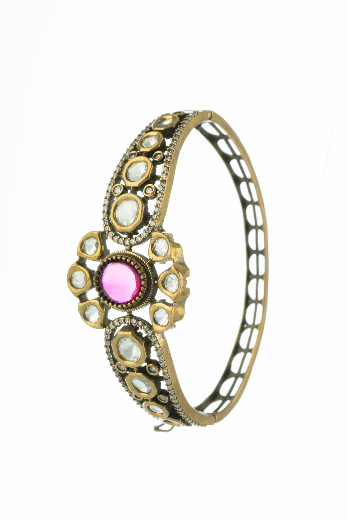 Gold-Tone Pink Stone Embellished Statement Bangle for Women