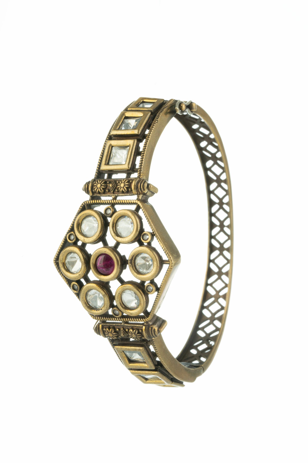 Gold-Tone Pink Stone Geometric Statement Bangle for Women