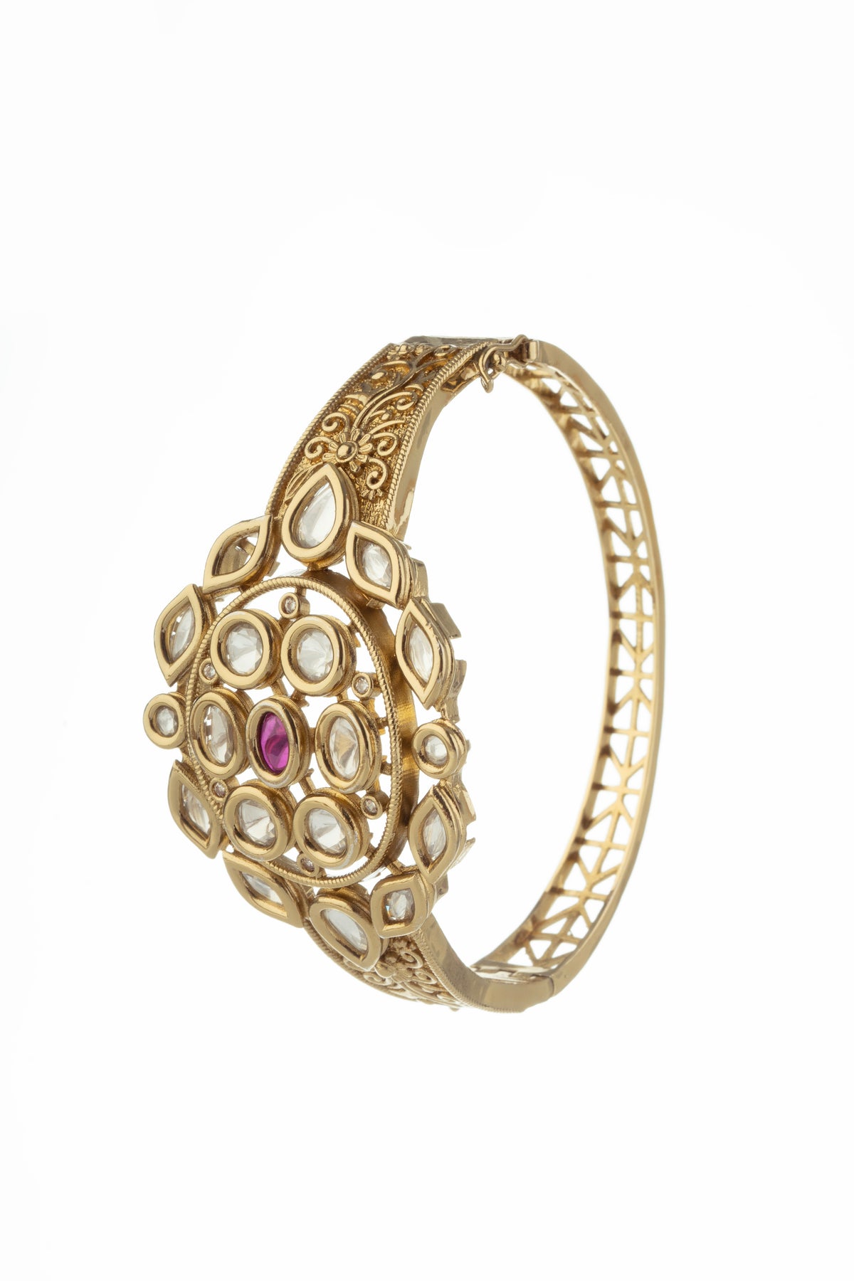 Gold-Tone Pink Stone Traditional Statement Bangle for Women