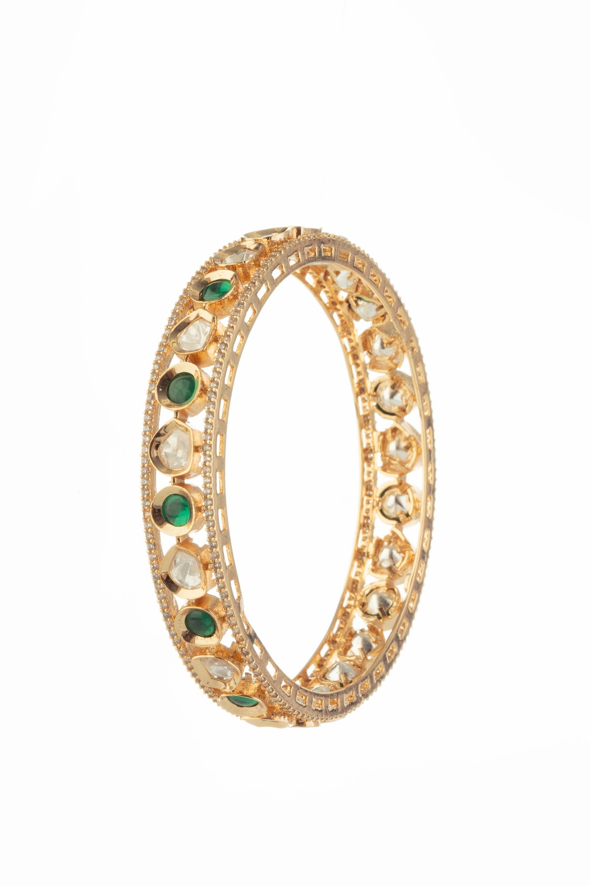 Gold Tone Green & Clear Stone Designer Bangles for Women – Set of 2