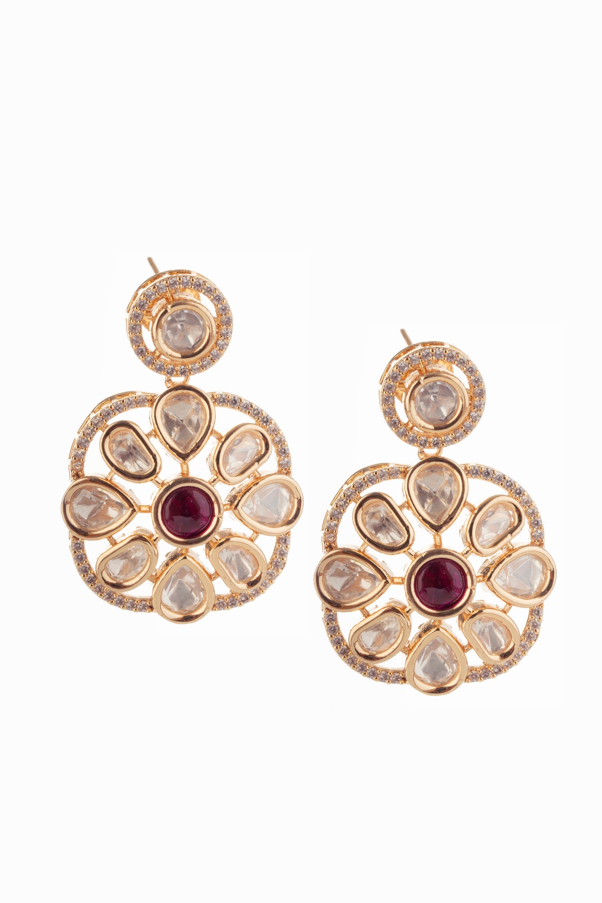 Gold-Tone Floral Pink Stone Stud Drop Earrings for Women